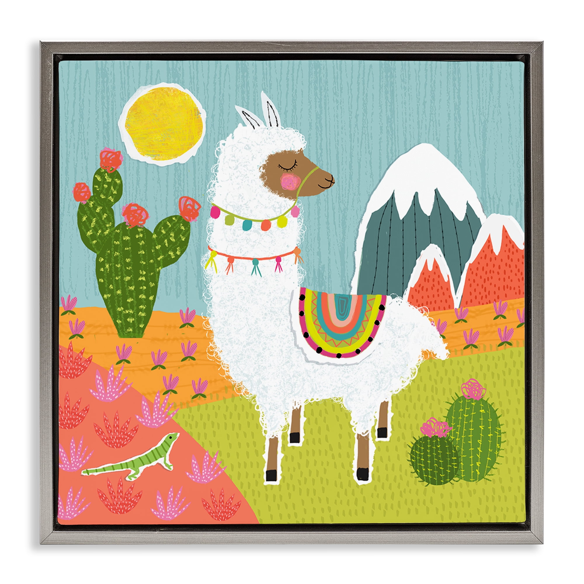 Stupell Industries Whimsical Llama Scene Animals Painting Gray Floater Framed Canvas Art Print Wall Art, 18 x 18