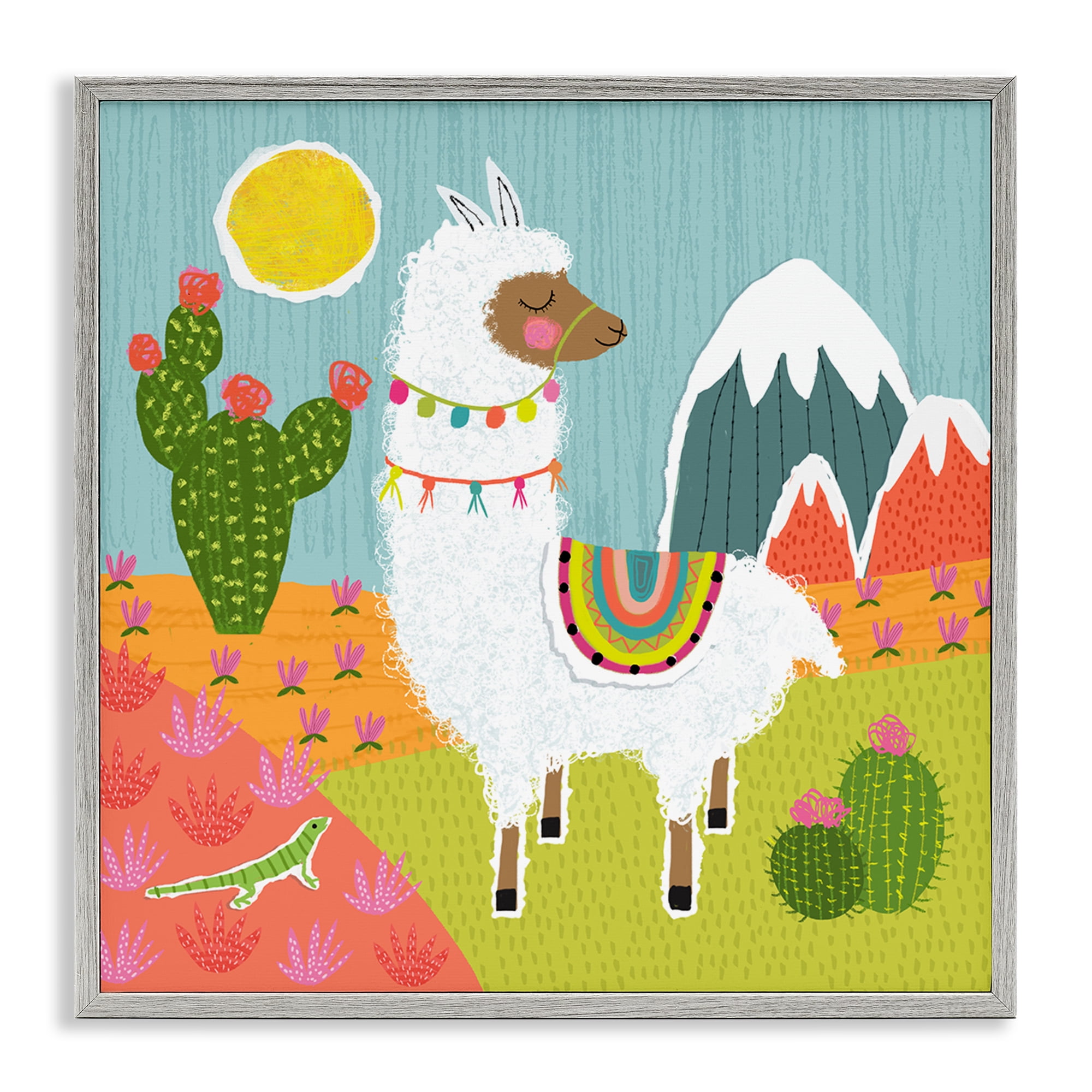 Stupell Industries Whimsical Llama Scene Animals Painting Gray Framed Art Print Wall Art, 12 x 12