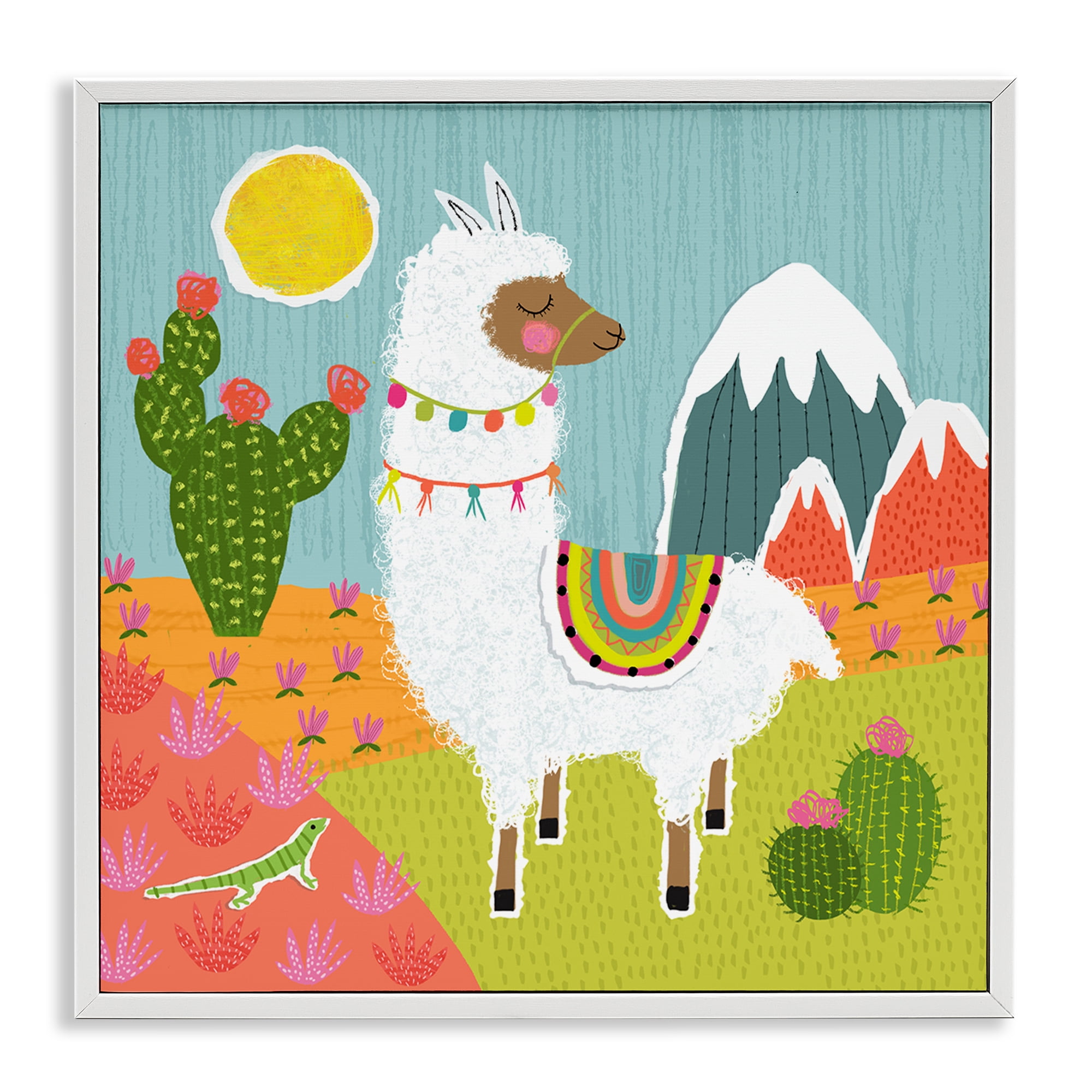 Stupell Industries Whimsical Llama Scene Animals Painting White Framed Art Print Wall Art, 12 x 12
