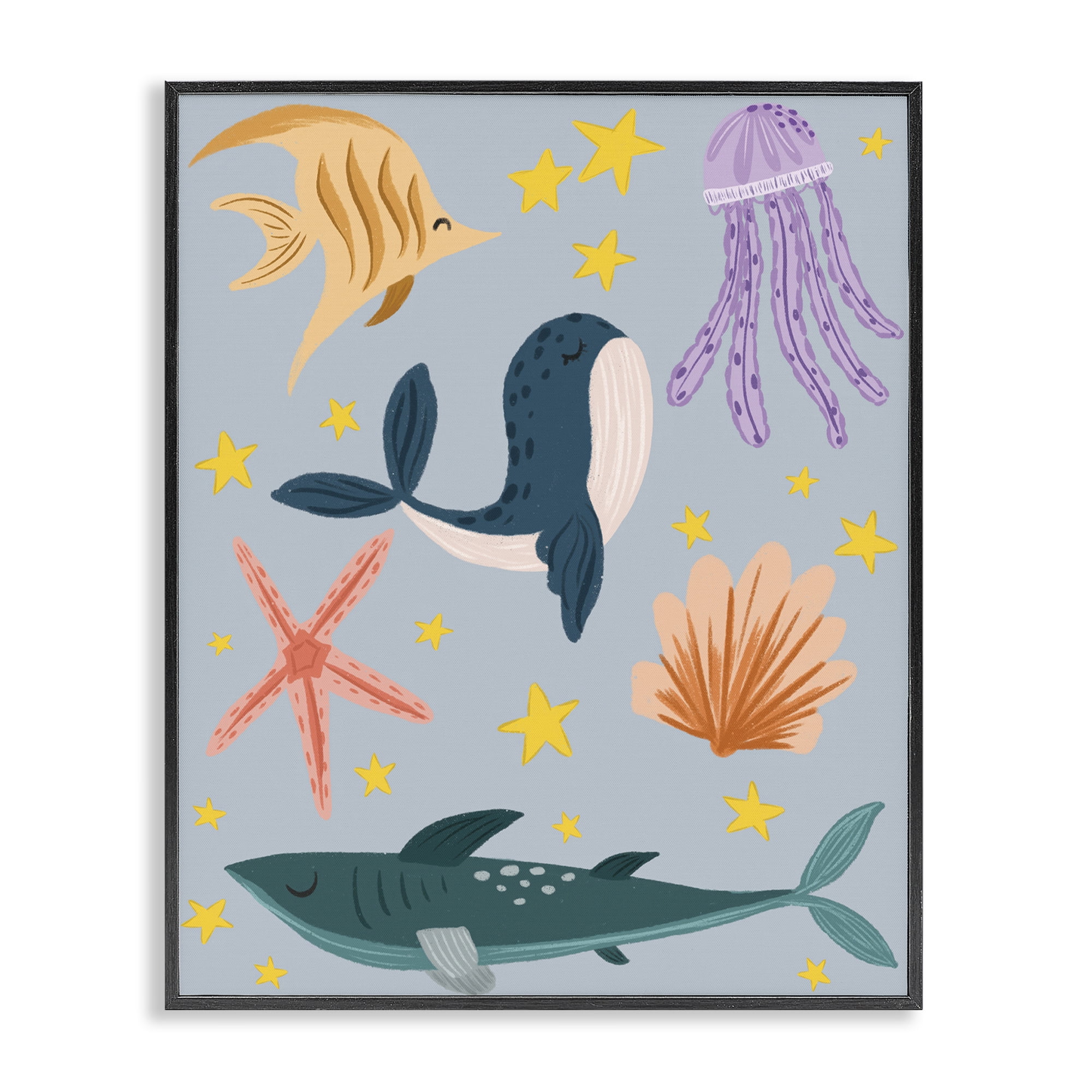 Stupell Industries Whimsical Marine Creatures Animals Painting Black Framed Art Print Wall Art, 16 x 20