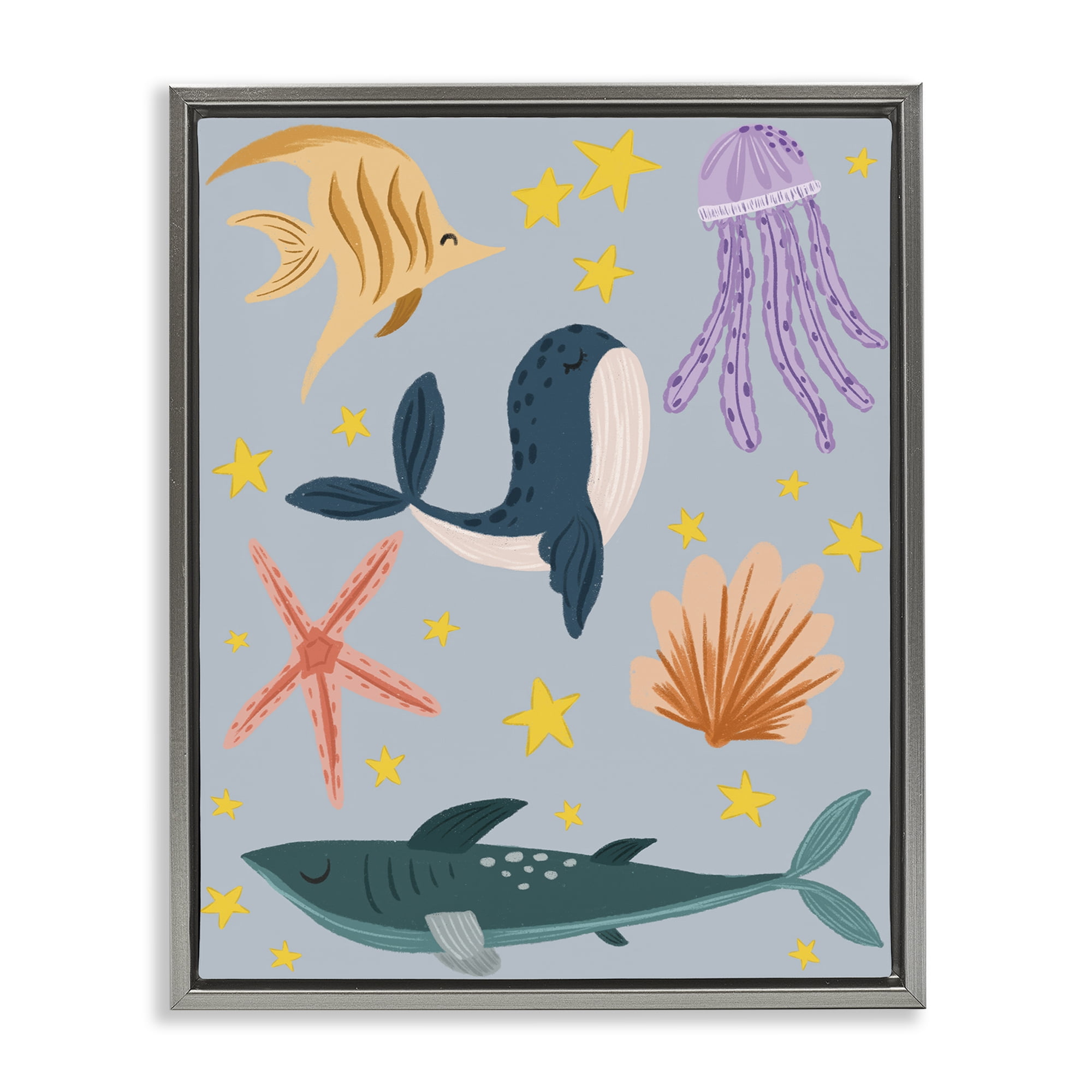Stupell Industries Whimsical Marine Creatures Animals Painting Gray Floater Framed Canvas Art Print Wall Art, 25 x 31