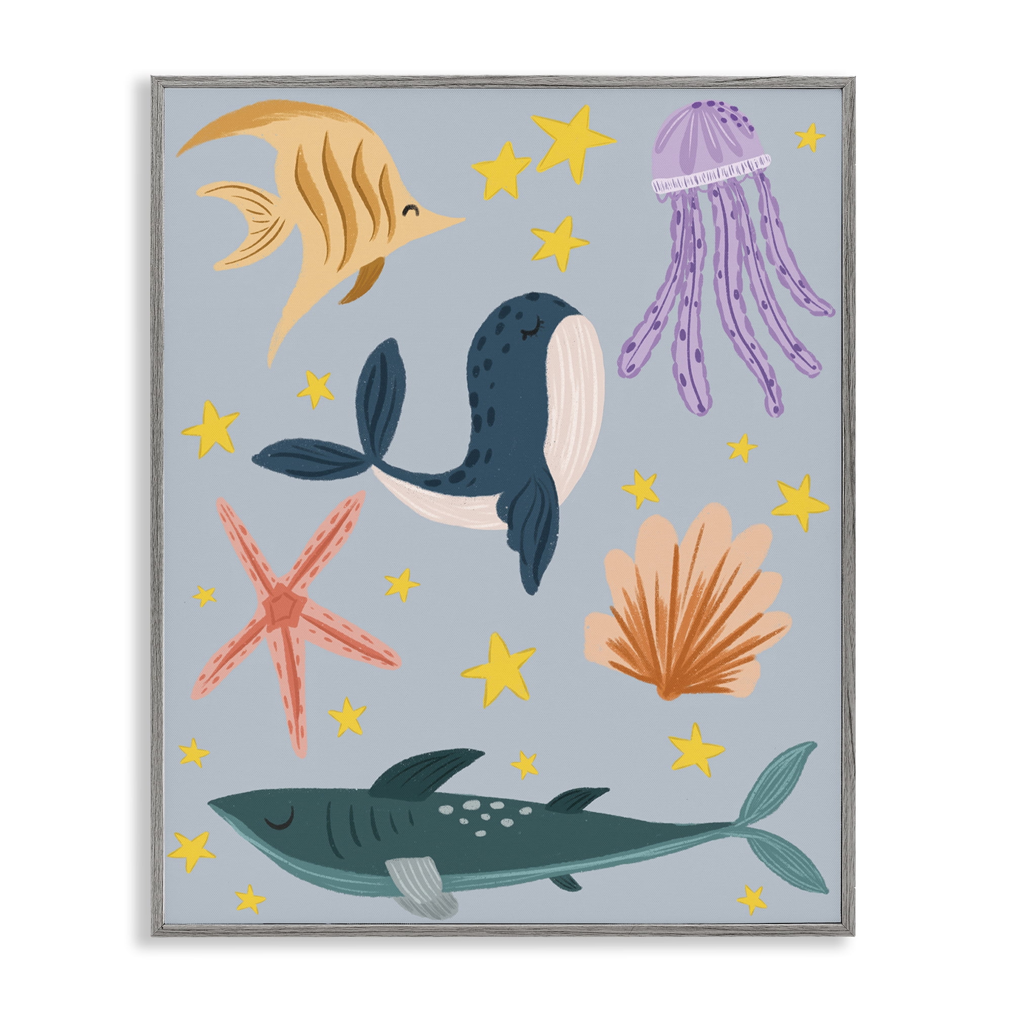 Stupell Industries Whimsical Marine Creatures Animals Painting Gray Framed Art Print Wall Art, 11 x 14