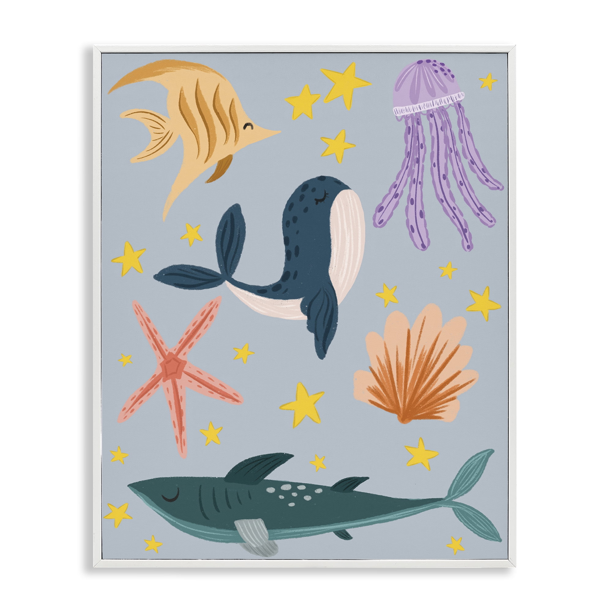 Stupell Industries Whimsical Marine Creatures Animals Painting White Framed Art Print Wall Art, 11 x 14