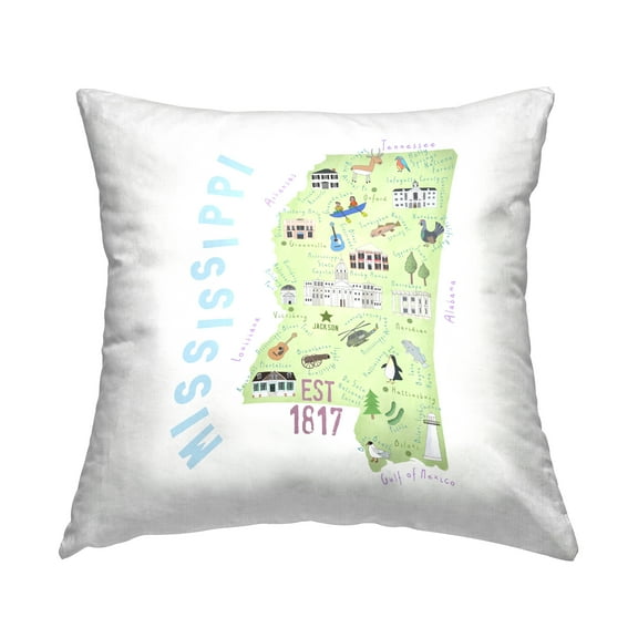 Stupell Industries Whimsical Mississippi State Map Square Decorative Printed Throw Pillow, 18 x 18,