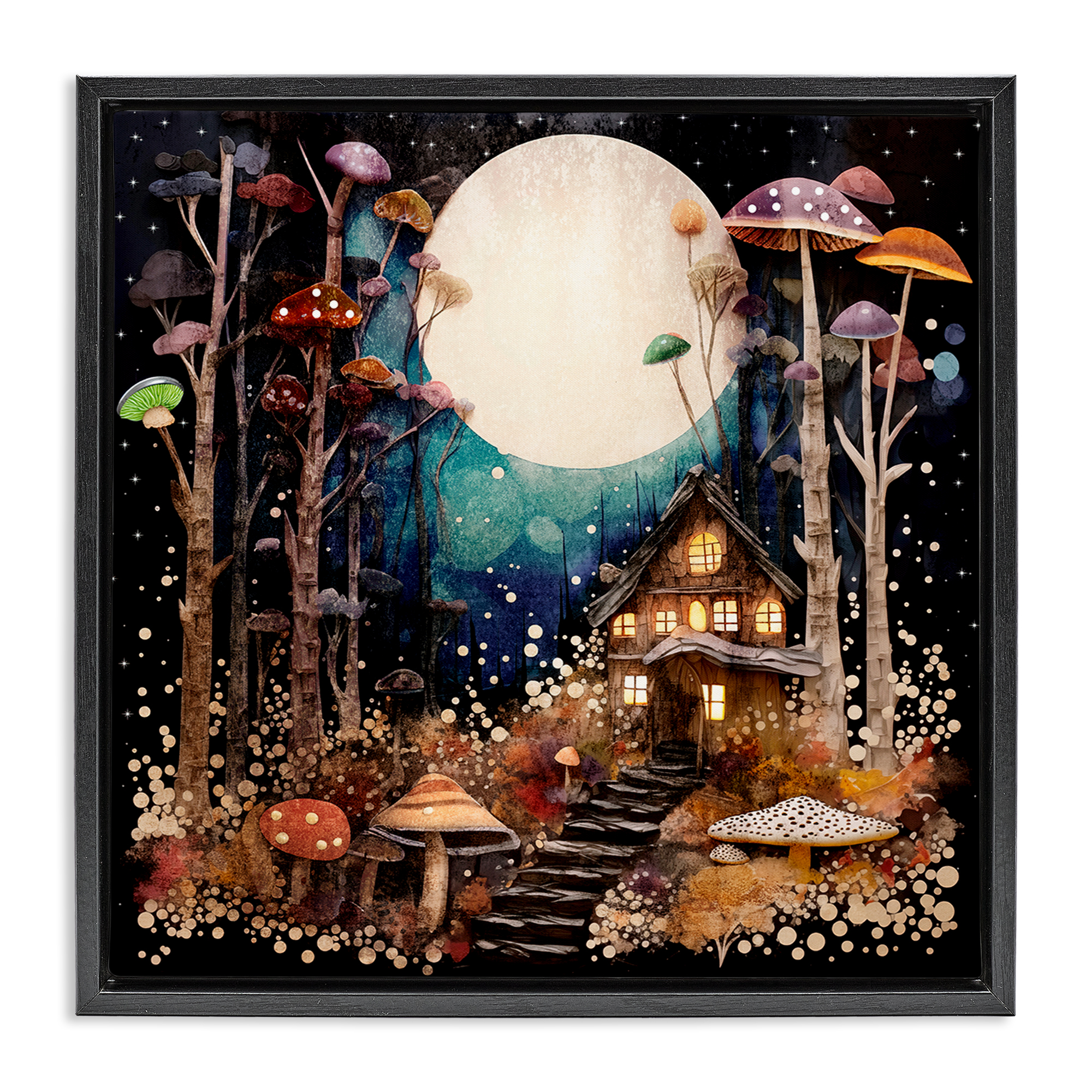 Stupell Industries Whimsical Mushroom Cottage Landscape & Nature Painting Black Floater Framed Canvas Art Print Wall Art, 25 x 25