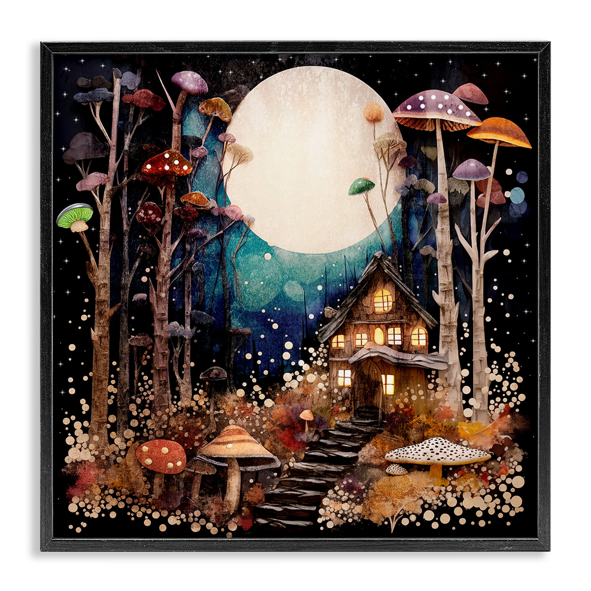 Stupell Industries Whimsical Mushroom Cottage Landscape & Nature Painting Black Framed Art Print Wall Art, 12 x 12