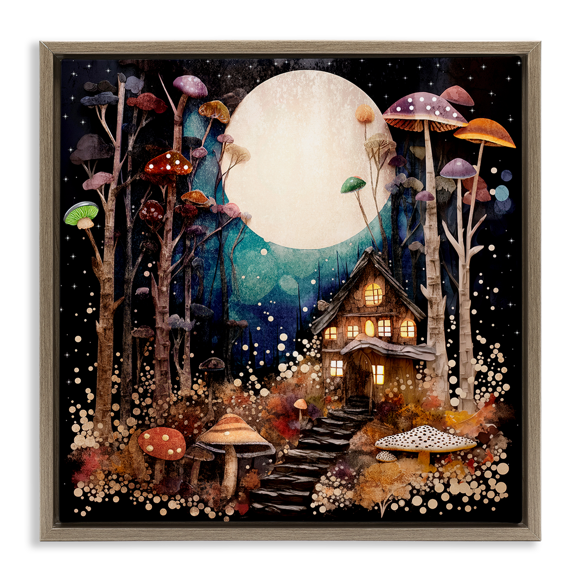 Stupell Industries Whimsical Mushroom Cottage Landscape & Nature Painting Brown Floater Framed Canvas Art Print Wall Art, 18 x 18