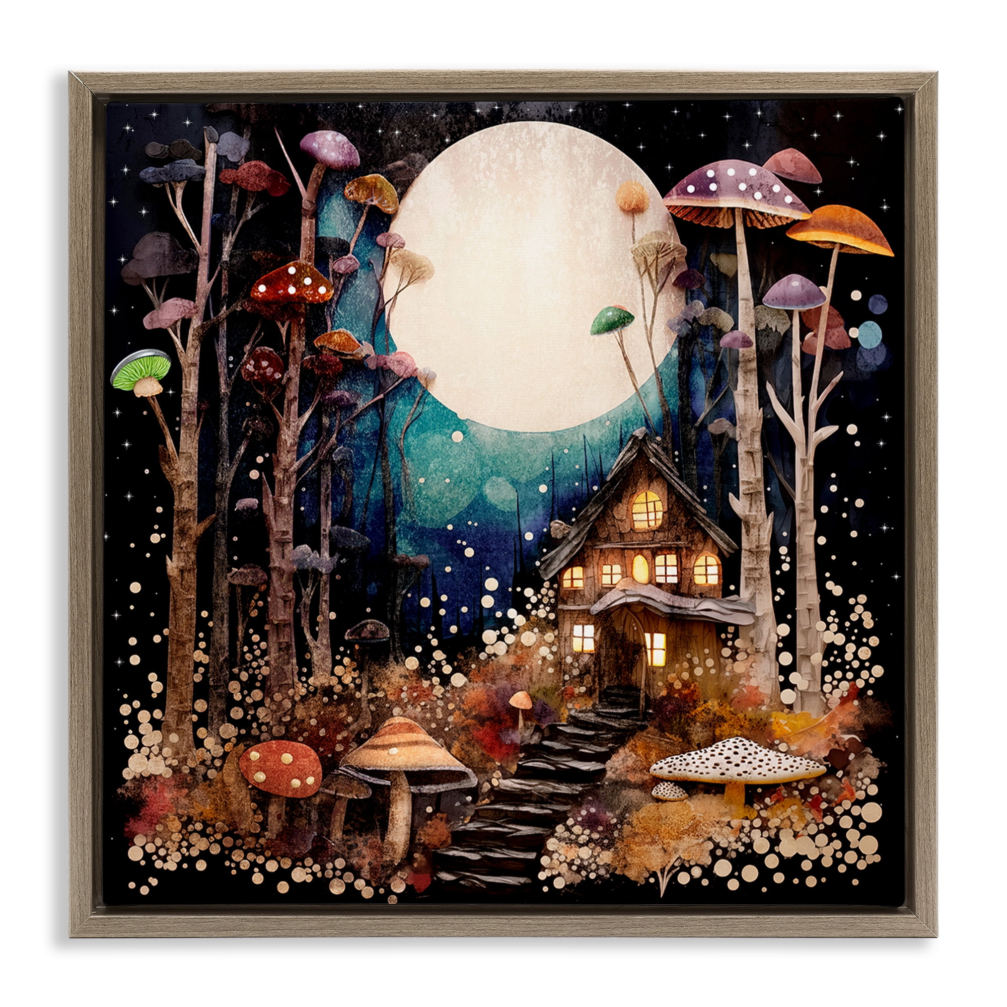Stupell Industries Whimsical Mushroom Cottage Landscape & Nature Painting Brown Floater Framed Canvas Art Print Wall Art, 25 x 25