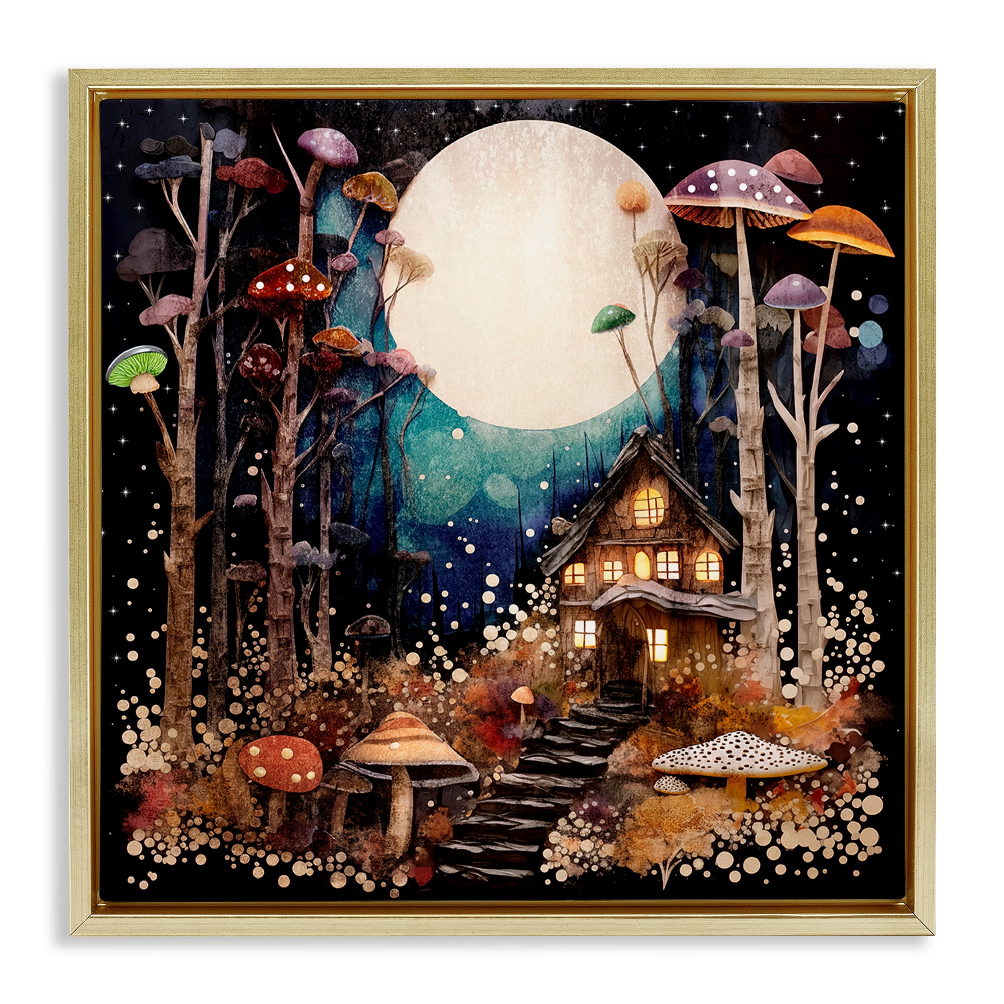 Stupell Industries Whimsical Mushroom Cottage Landscape & Nature Painting Gold Floater Framed Canvas Art Print Wall Art, 18 x 18