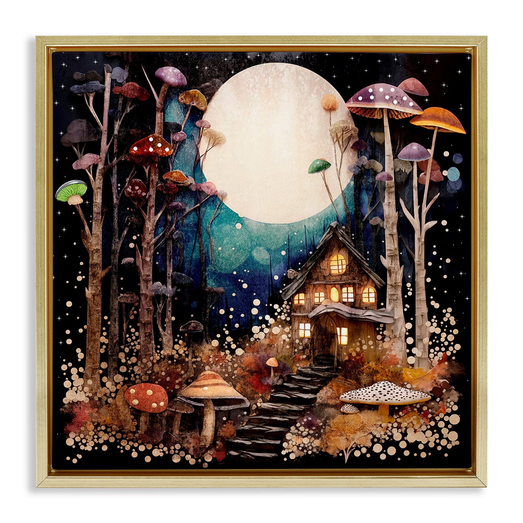 Stupell Industries Whimsical Mushroom Cottage Landscape & Nature Painting Gold Floater Framed Canvas Art Print Wall Art, 25 x 25