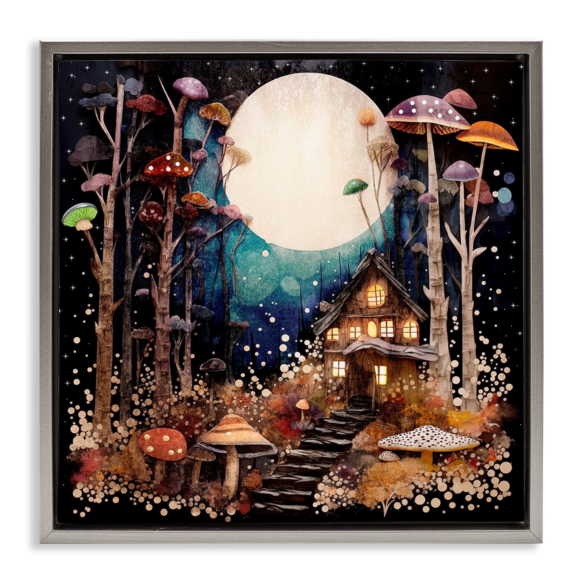 Stupell Industries Whimsical Mushroom Cottage Landscape & Nature Painting Gray Floater Framed Canvas Art Print Wall Art, 18 x 18