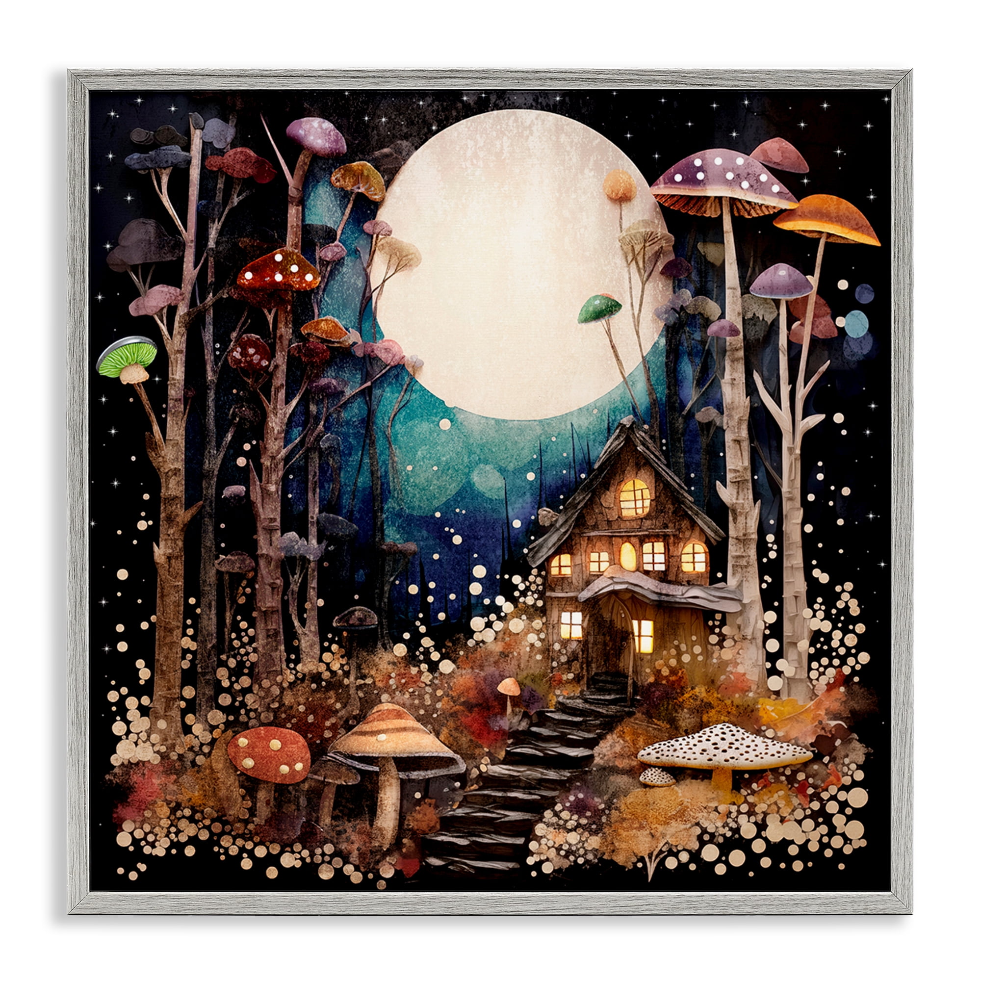 Stupell Industries Whimsical Mushroom Cottage Landscape & Nature Painting Gray Framed Art Print Wall Art, 12 x 12