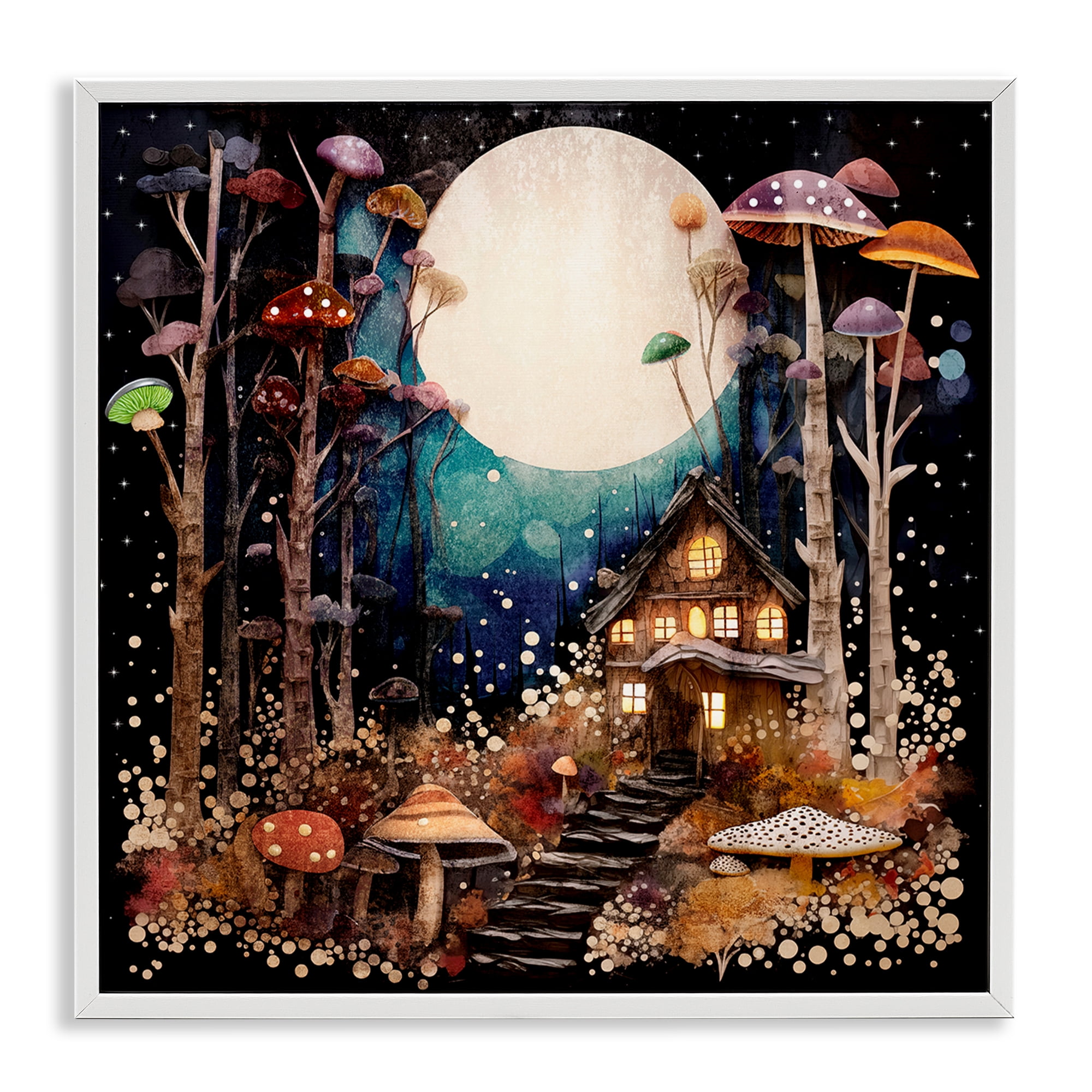 Stupell Industries Whimsical Mushroom Cottage Landscape & Nature Painting White Framed Art Print Wall Art, 17 x 17