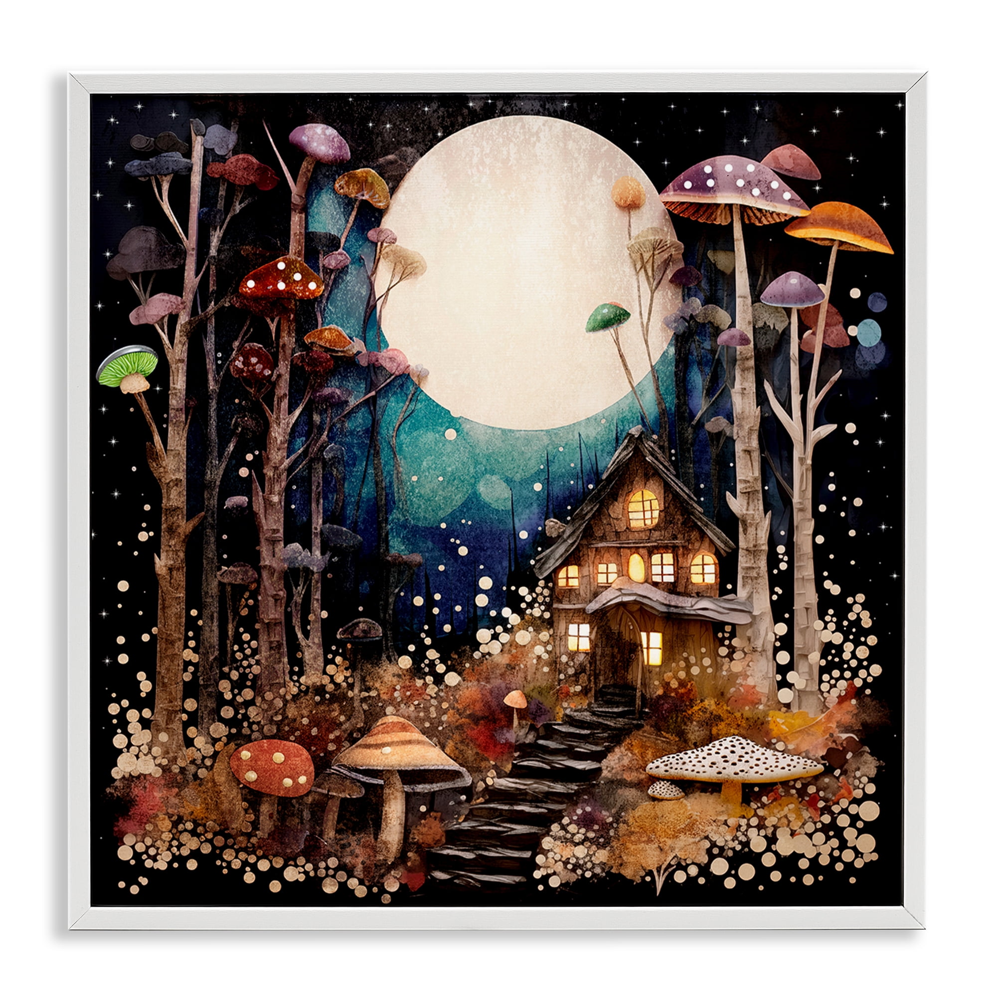 Stupell Industries Whimsical Mushroom Cottage Landscape & Nature Painting White Framed Art Print Wall Art, 24 x 24