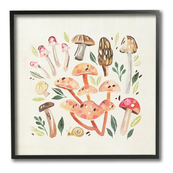 Stupell Industries Whimsical Mushrooms & Snail Botanical & Floral Painting Black Framed Art Print Wall Art, 12 x 12