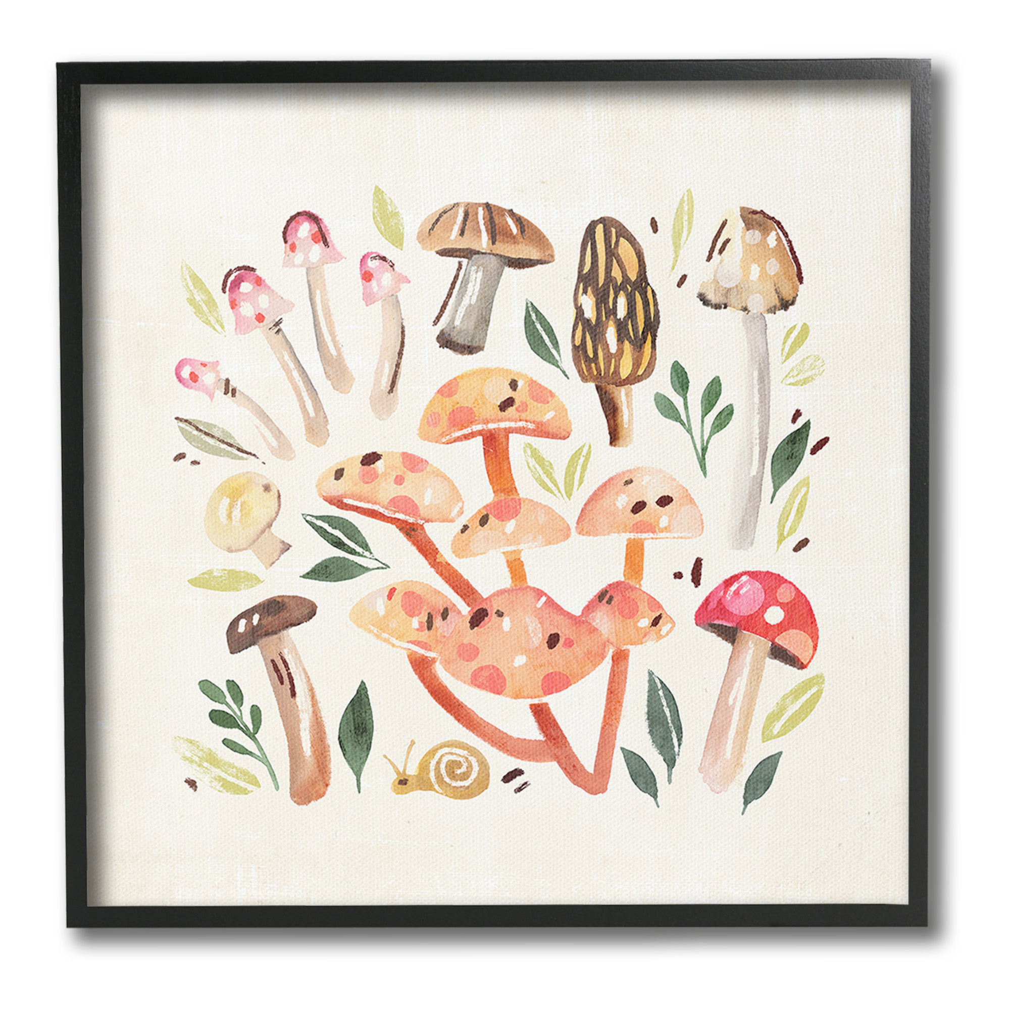 Stupell Industries Whimsical Mushrooms & Snail Botanical & Floral Painting Black Framed Art Print Wall Art, 24 x 24