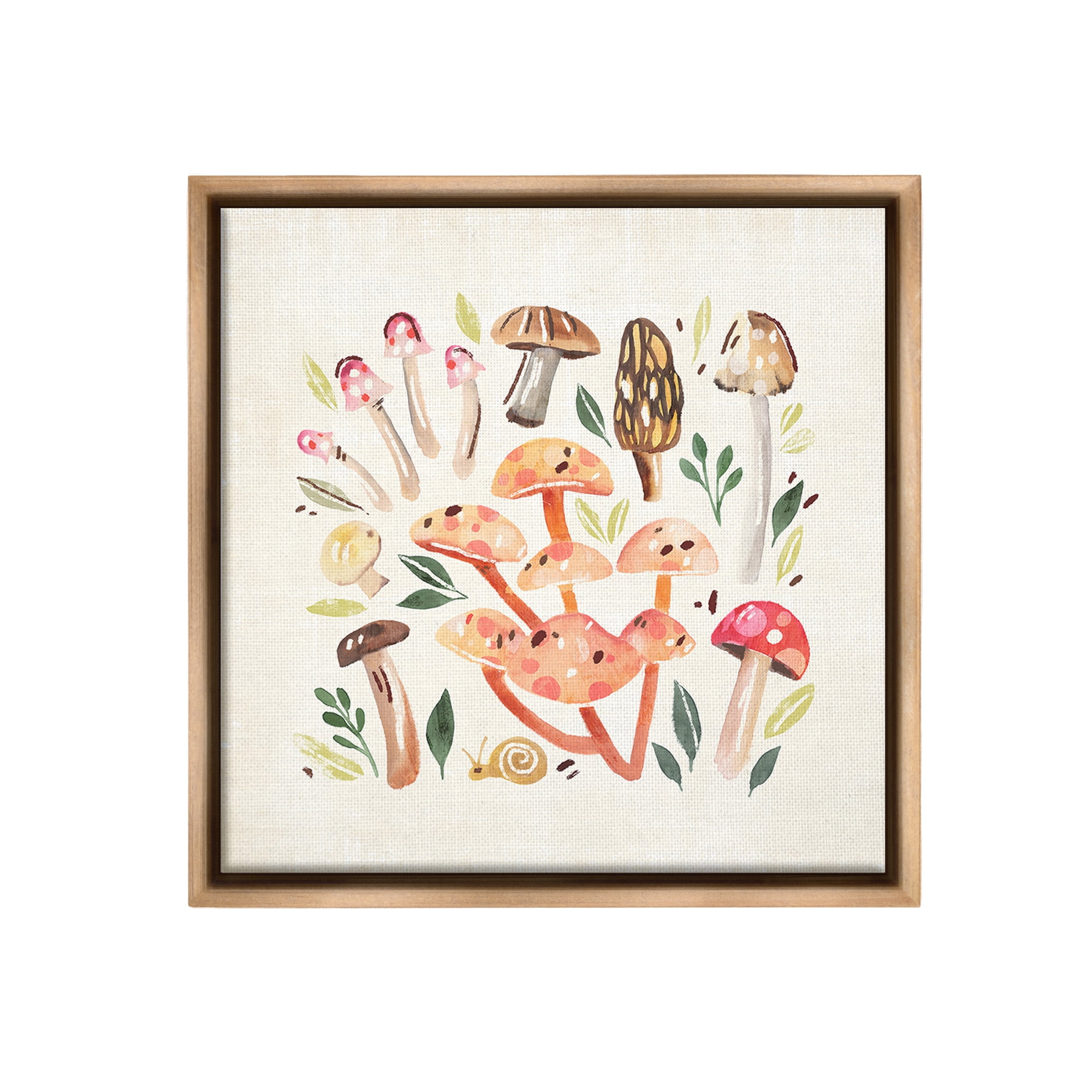 Stupell Industries Whimsical Mushrooms & Snail Botanical & Floral Painting Brown Floater Framed Canvas Art Print Wall Art, 18 x 18