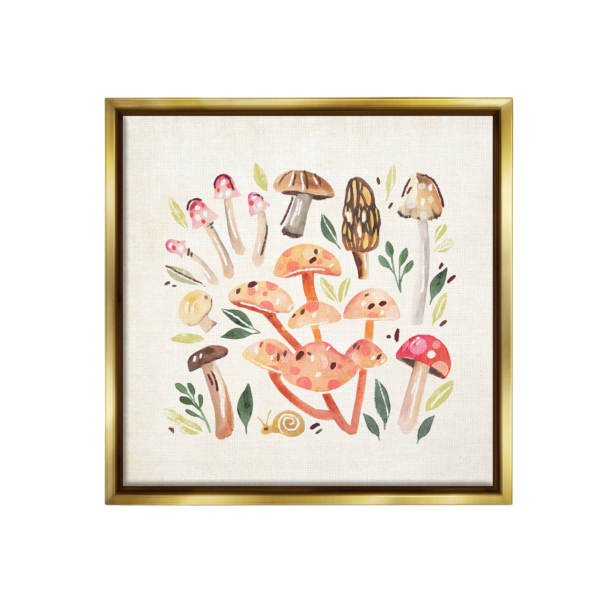 Stupell Industries Whimsical Mushrooms & Snail Botanical & Floral Painting Gold Floater Framed Canvas Art Print Wall Art, 25 x 25