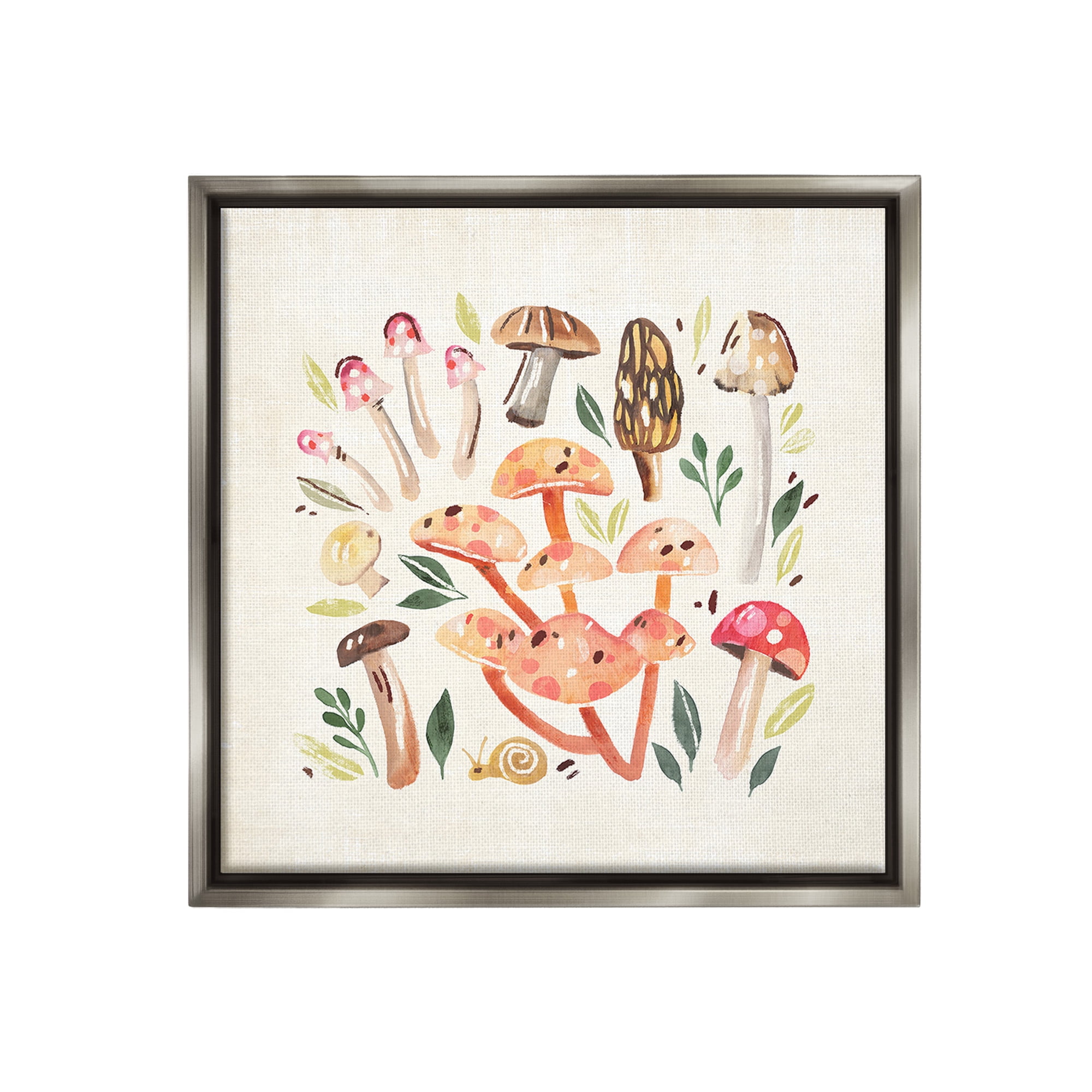 Stupell Industries Whimsical Mushrooms & Snail Botanical & Floral Painting Gray Floater Framed Canvas Art Print Wall Art, 25 x 25