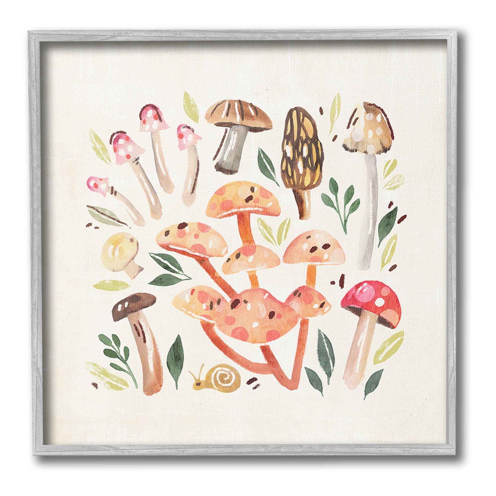 Stupell Industries Whimsical Mushrooms & Snail Botanical & Floral Painting Gray Framed Art Print Wall Art, 12 x 12