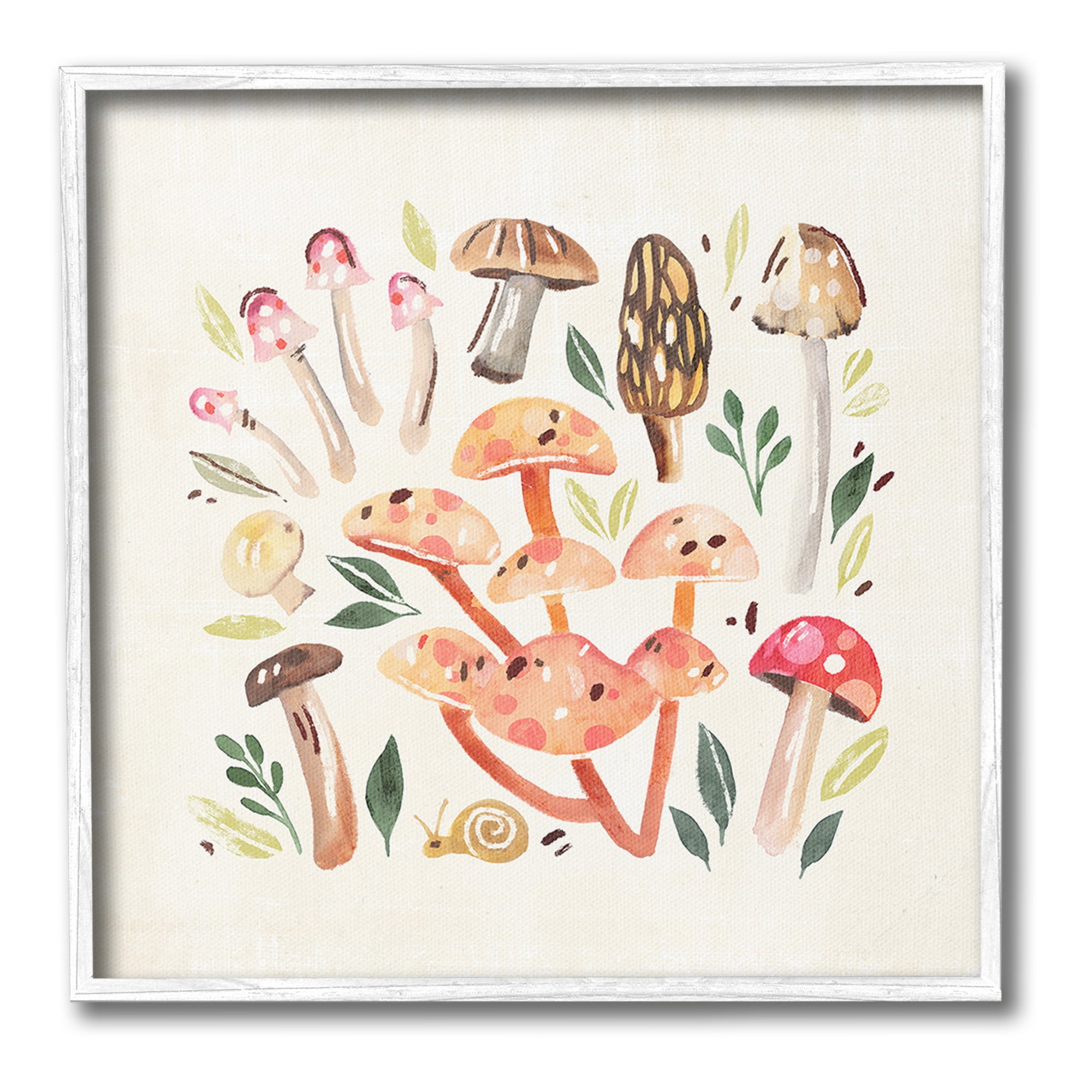 Stupell Industries Whimsical Mushrooms & Snail Botanical & Floral Painting White Framed Art Print Wall Art, 17 x 17