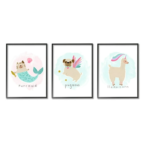 Stupell Industries Whimsical Mythical Animals Creatures Cute Cartoon Style Graphic Art Black Framed Art Print Wall Art, Set of 3, Design by June Erica Vess