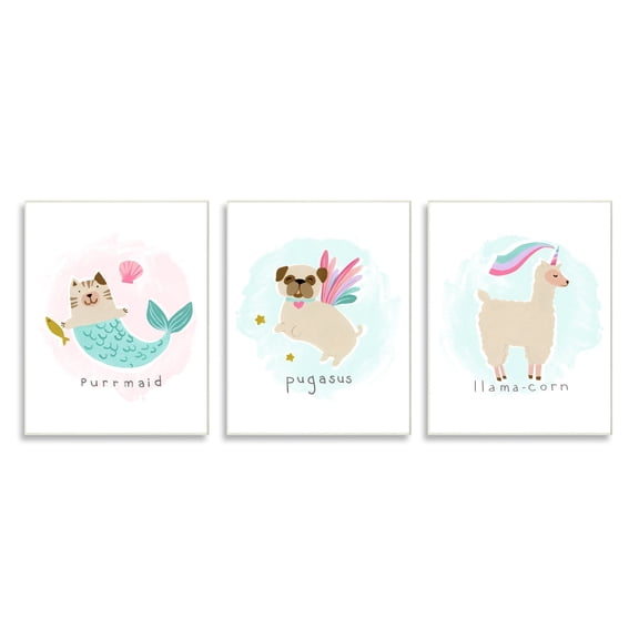 Stupell Industries Whimsical Mythical Animals Creatures Cute Cartoon Style Graphic Art Unframed Art Print Wall Art, Set of 3, Design by June Erica Vess