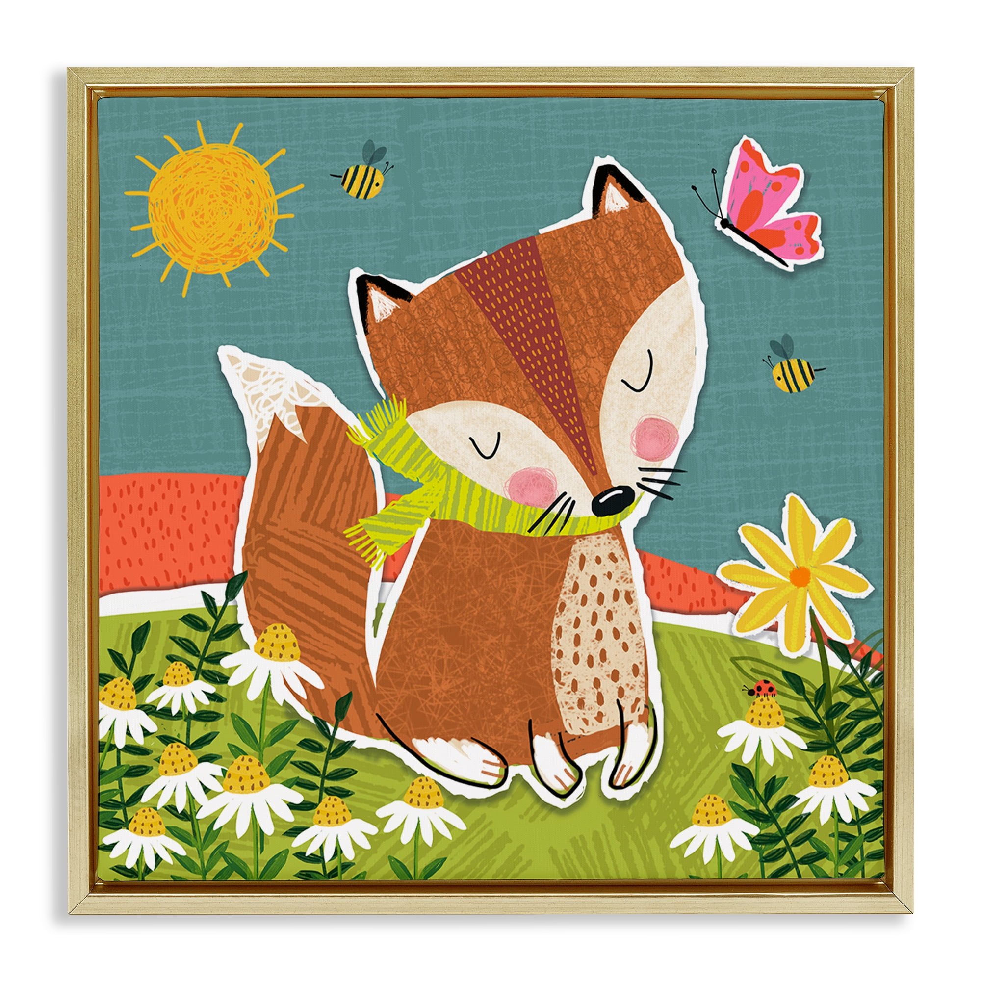 Stupell Industries Whimsical Nature Fox Animals Painting Gold Floater Framed Canvas Art Print Wall Art, 25 x 25