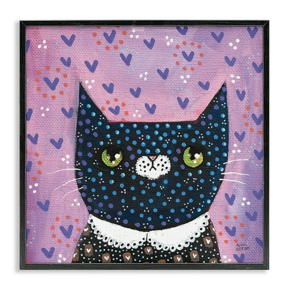 Stupell Industries Whimsical Patterned Cat Animals & Insects Painting Black Framed Art Print Wall Art, 12 x 12