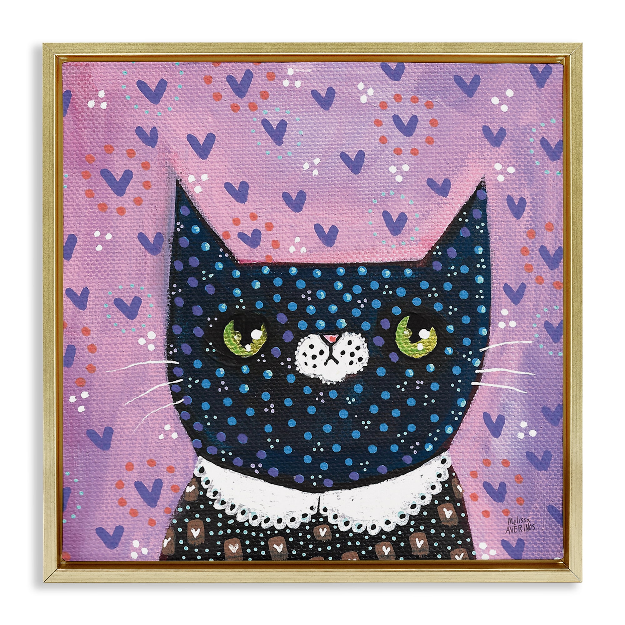 Stupell Industries Whimsical Patterned Cat Animals & Insects Painting Gold Floater Framed Canvas Art Print Wall Art, 25 x 25