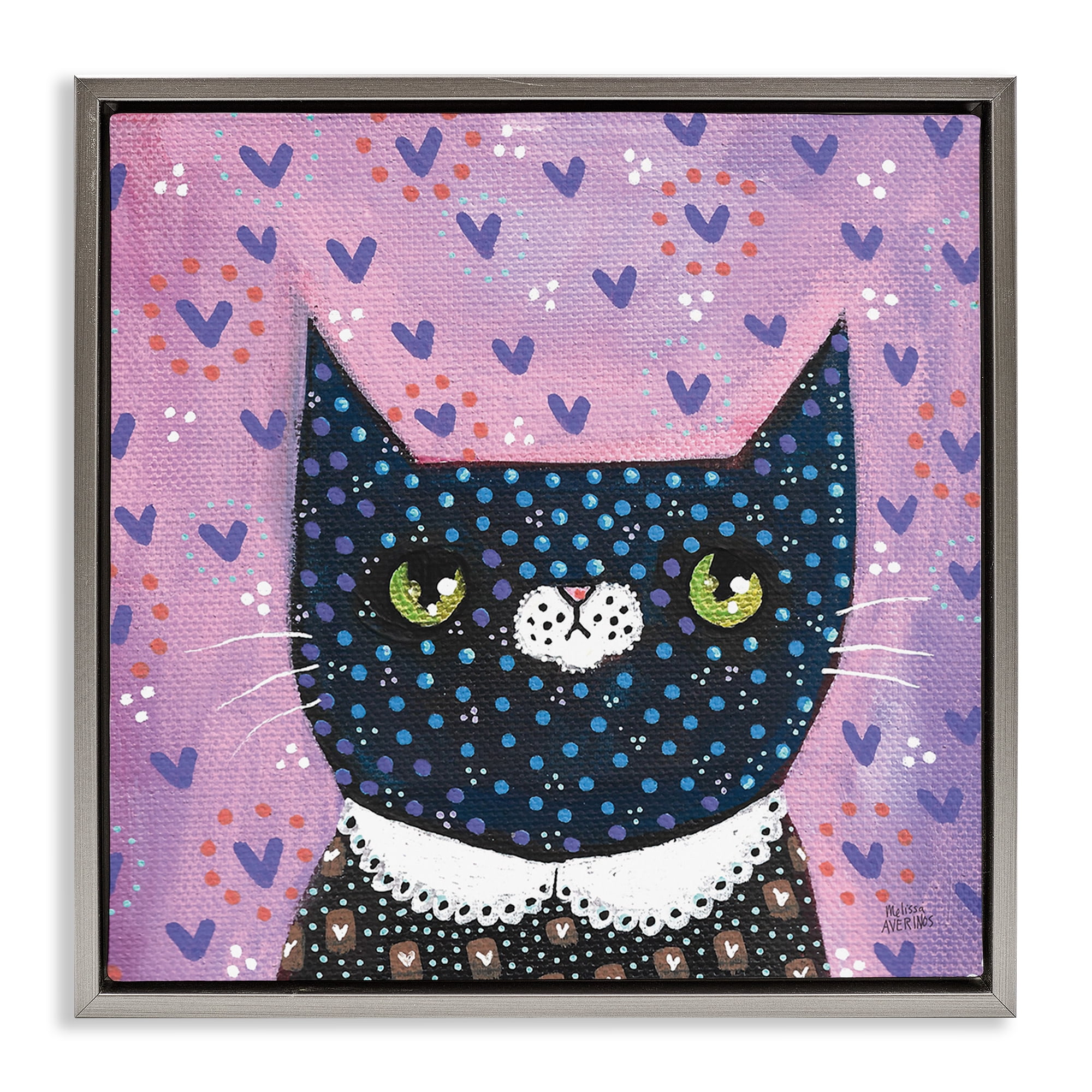 Stupell Industries Whimsical Patterned Cat Animals & Insects Painting Gray Floater Framed Canvas Art Print Wall Art, 25 x 25