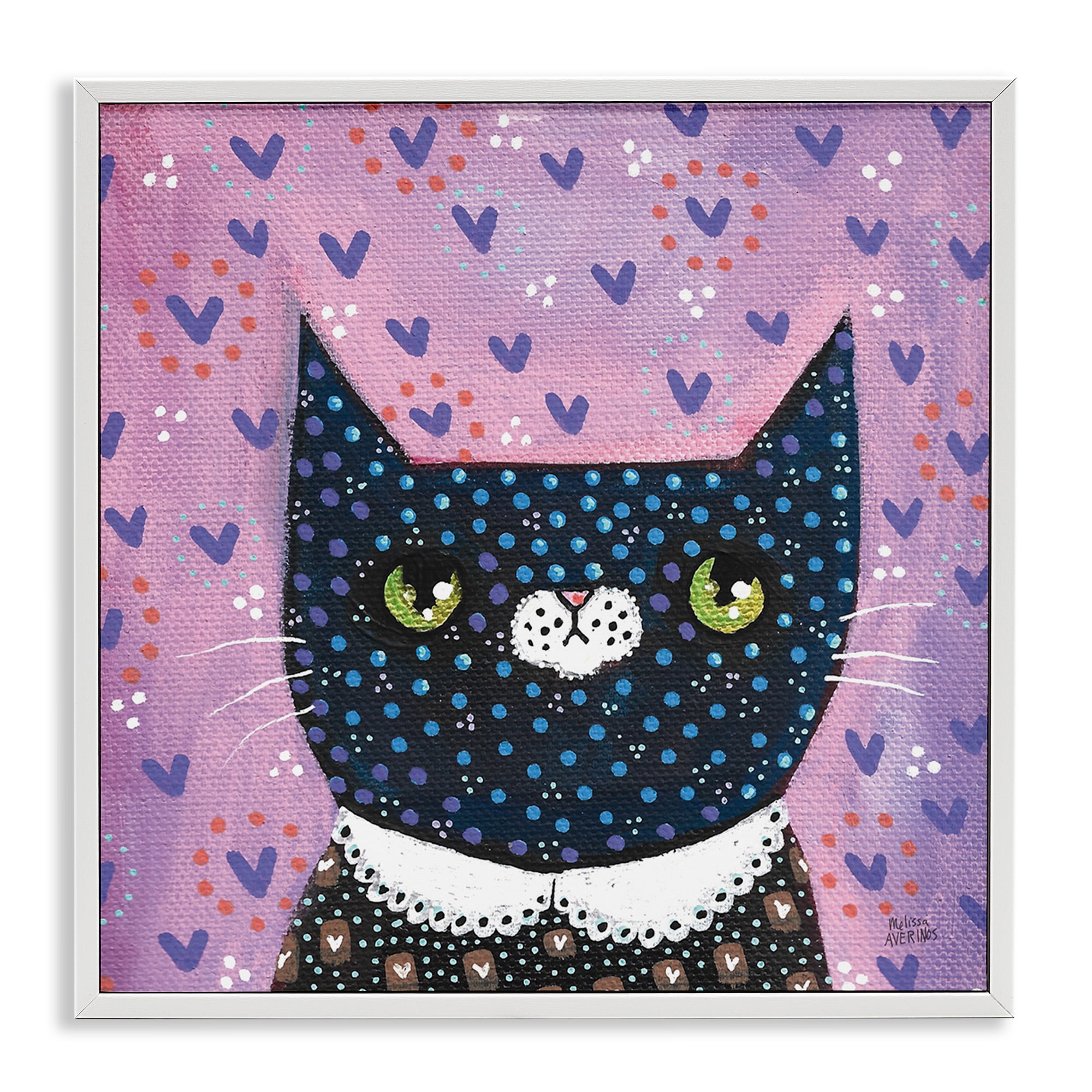 Stupell Industries Whimsical Patterned Cat Animals & Insects Painting White Framed Art Print Wall Art, 12 x 12