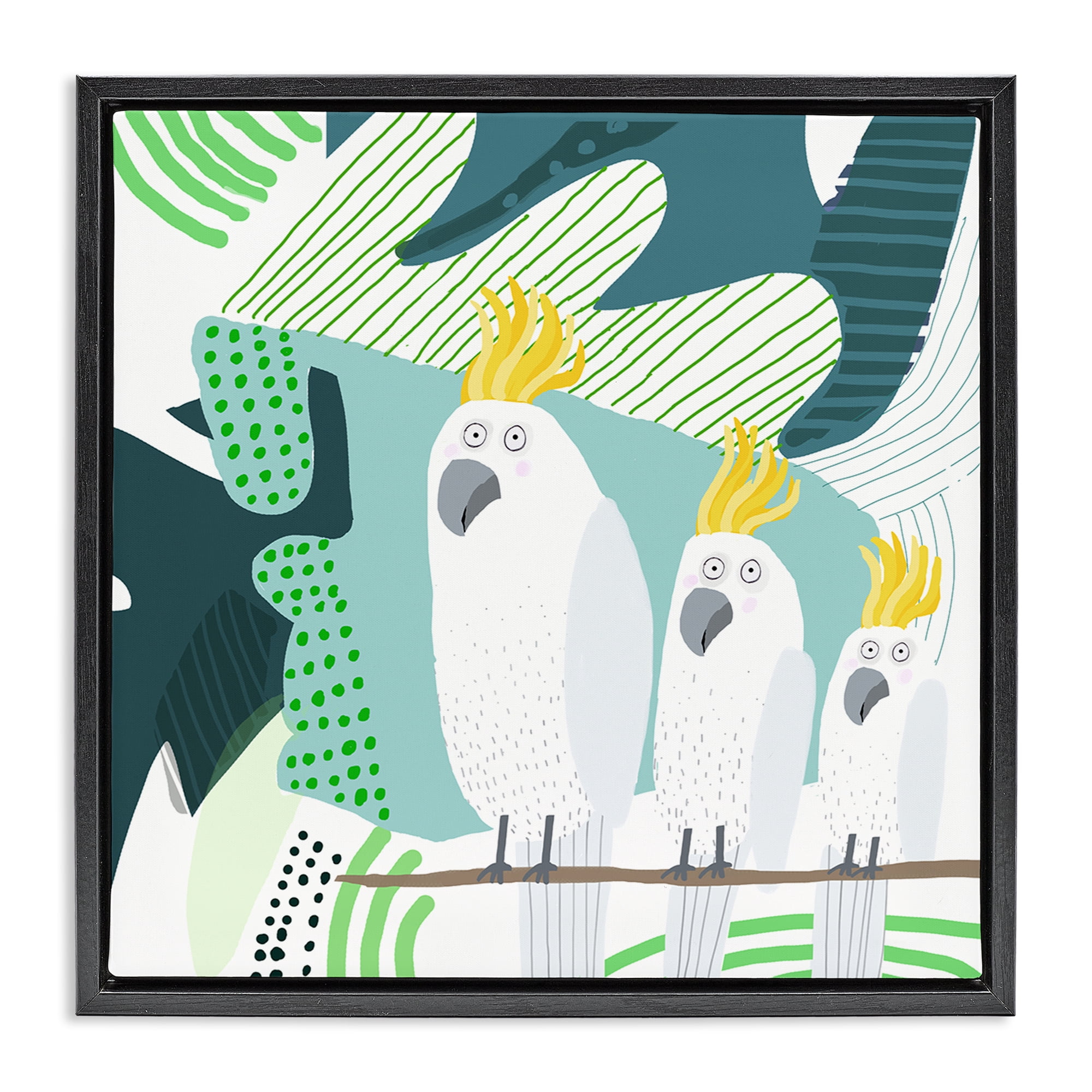 Stupell Industries Whimsical Patterned Cockatoo Animals Painting Black Floater Framed Canvas Art Print Wall Art, 25 x 25