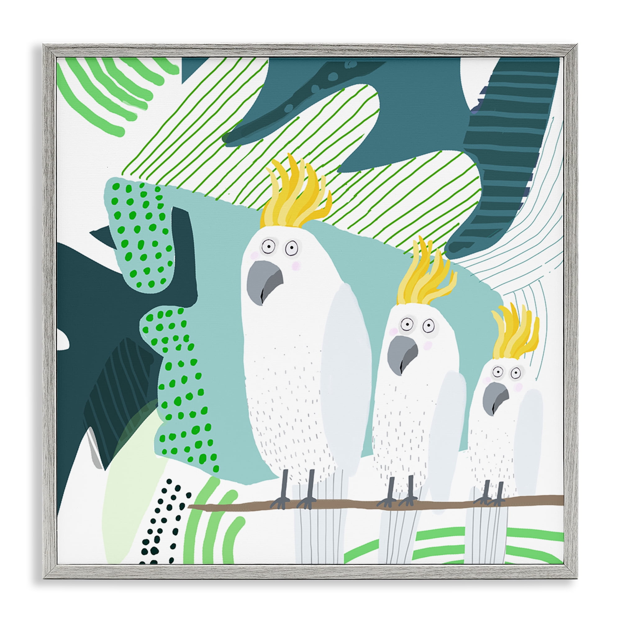 Stupell Industries Whimsical Patterned Cockatoo Animals Painting Gray Framed Art Print Wall Art, 17 x 17