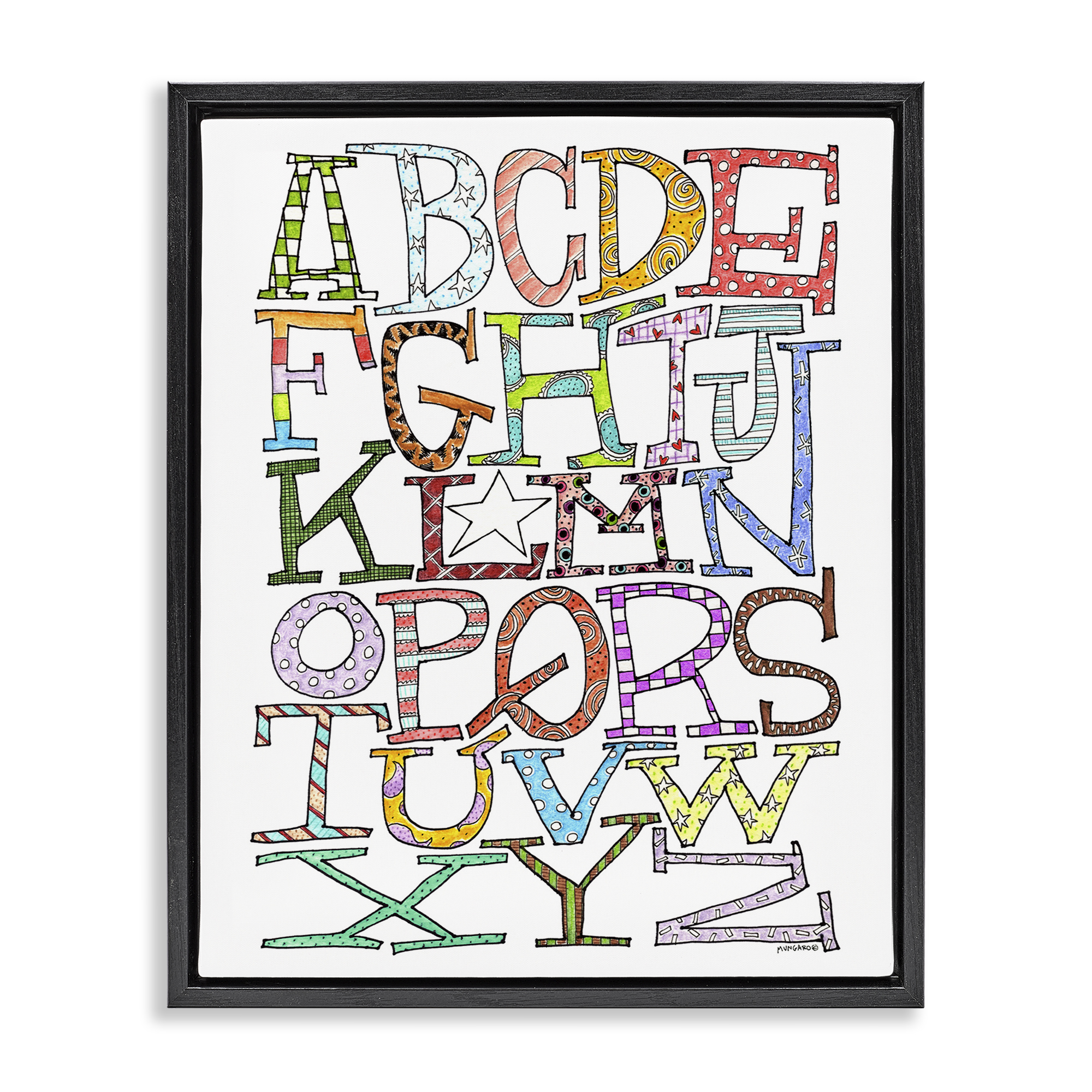 Stupell Industries Whimsical Patterned Letters Novelty Painting Black Floater Framed Art Print Wall Art, 25 x 31