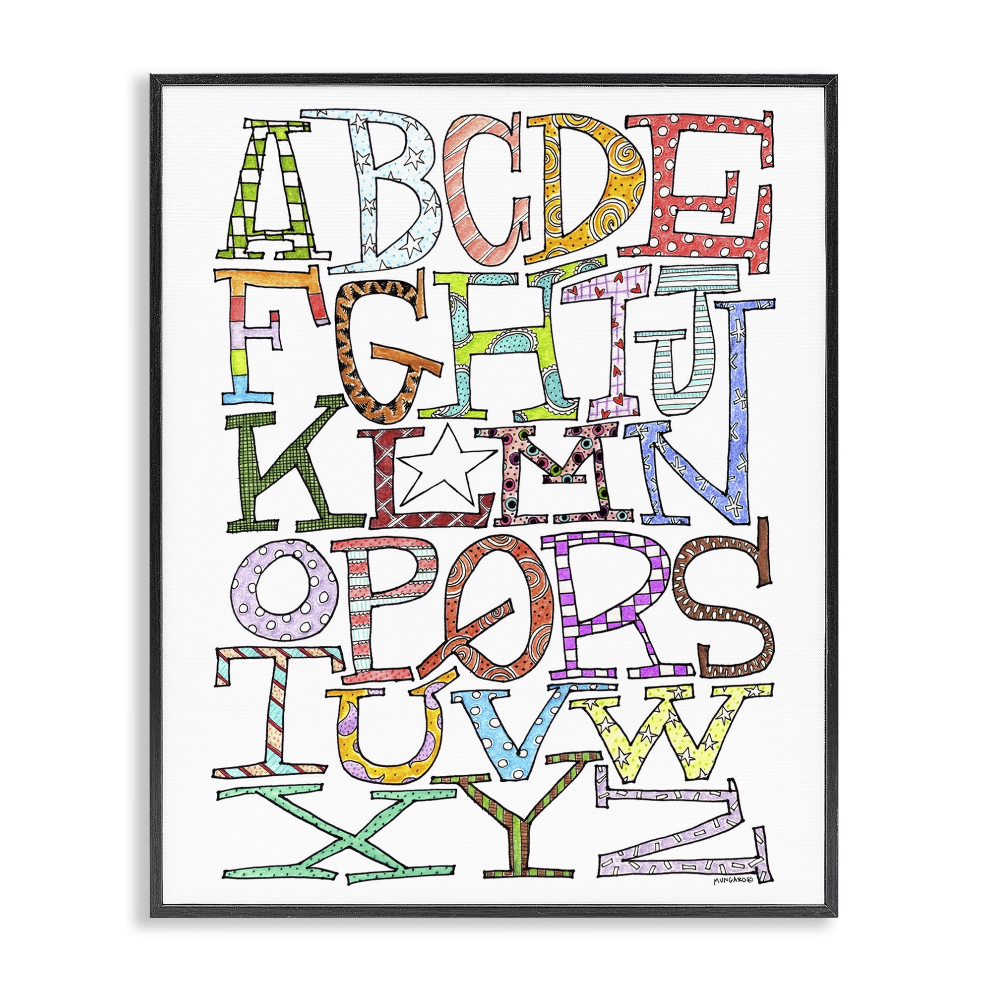Stupell Industries Whimsical Patterned Letters Novelty Painting Black Framed Art Print Wall Art, 16 x 20