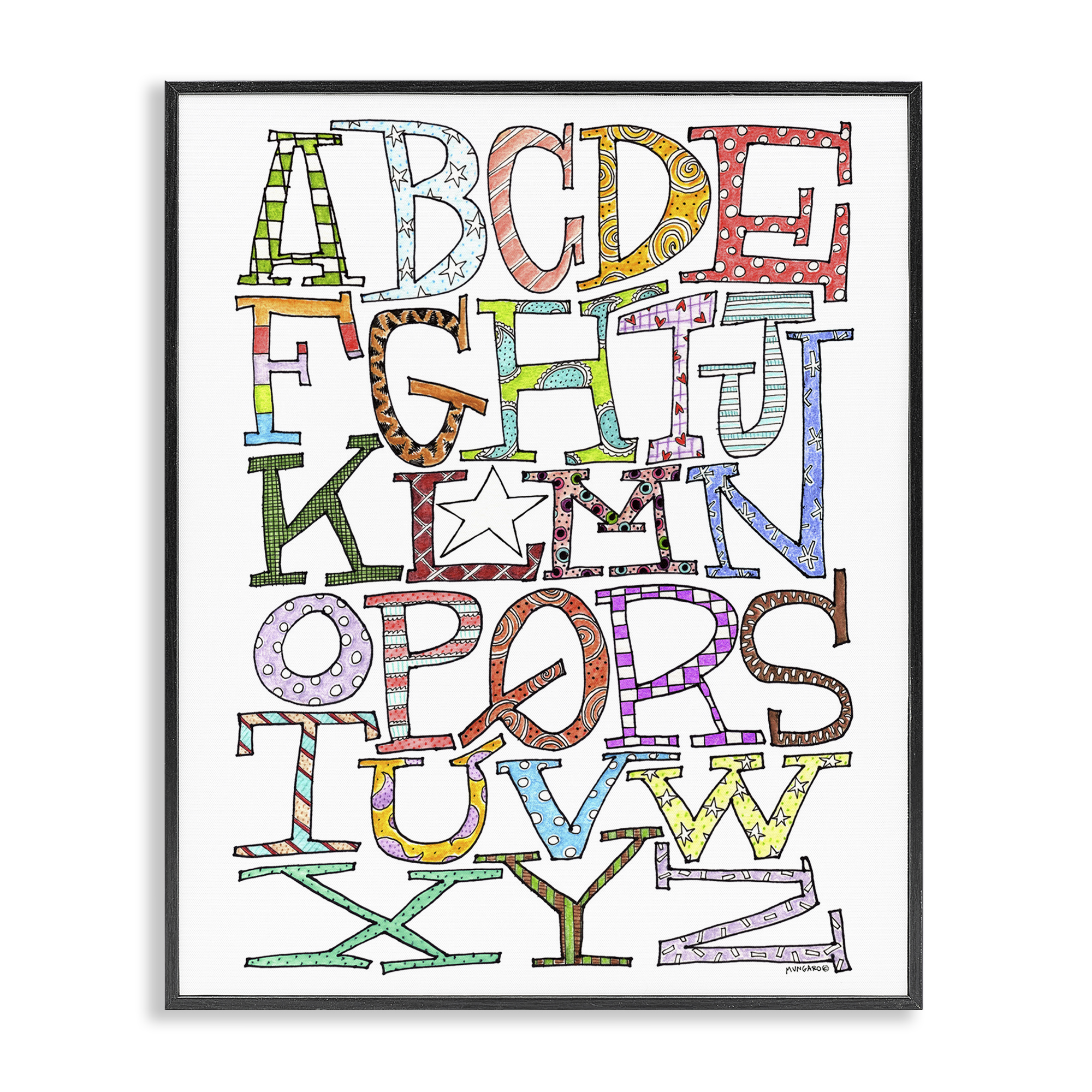 Stupell Industries Whimsical Patterned Letters Novelty Painting Black Framed Art Print Wall Art, 24 x 30