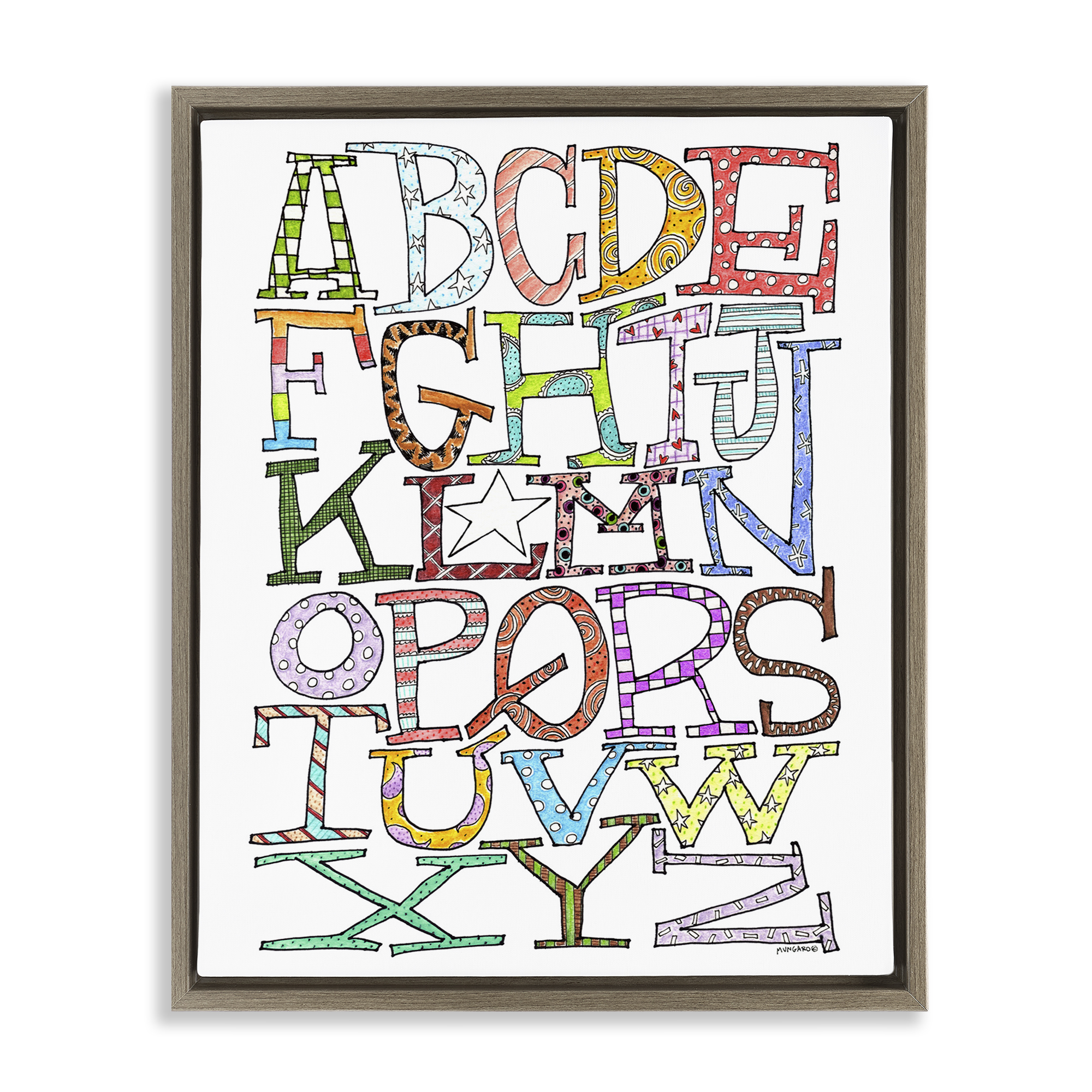 Stupell Industries Whimsical Patterned Letters Novelty Painting Brown Floater Framed Art Print Wall Art, 25 x 31