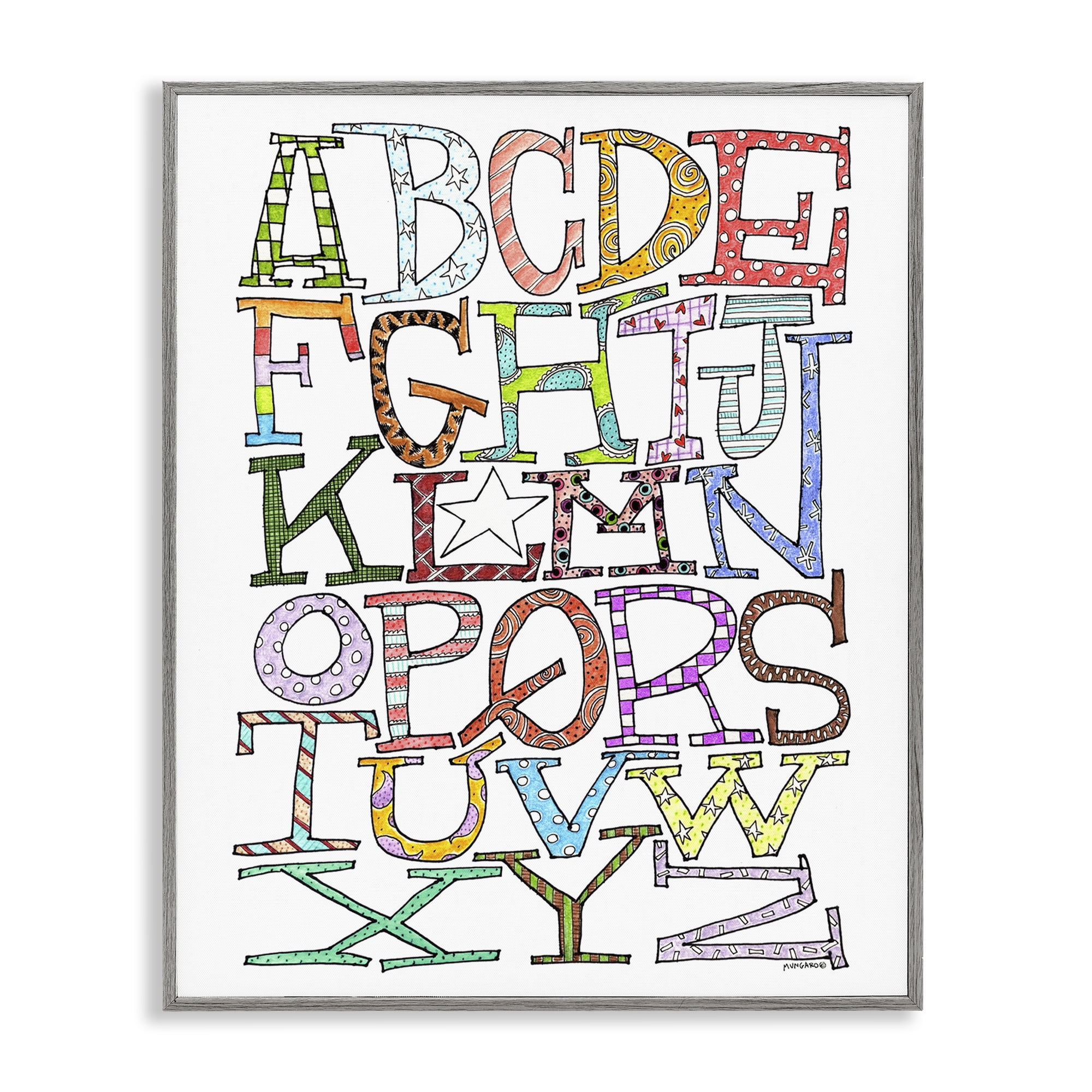 Stupell Industries Whimsical Patterned Letters Novelty Painting Gray Framed Art Print Wall Art, 11 x 14