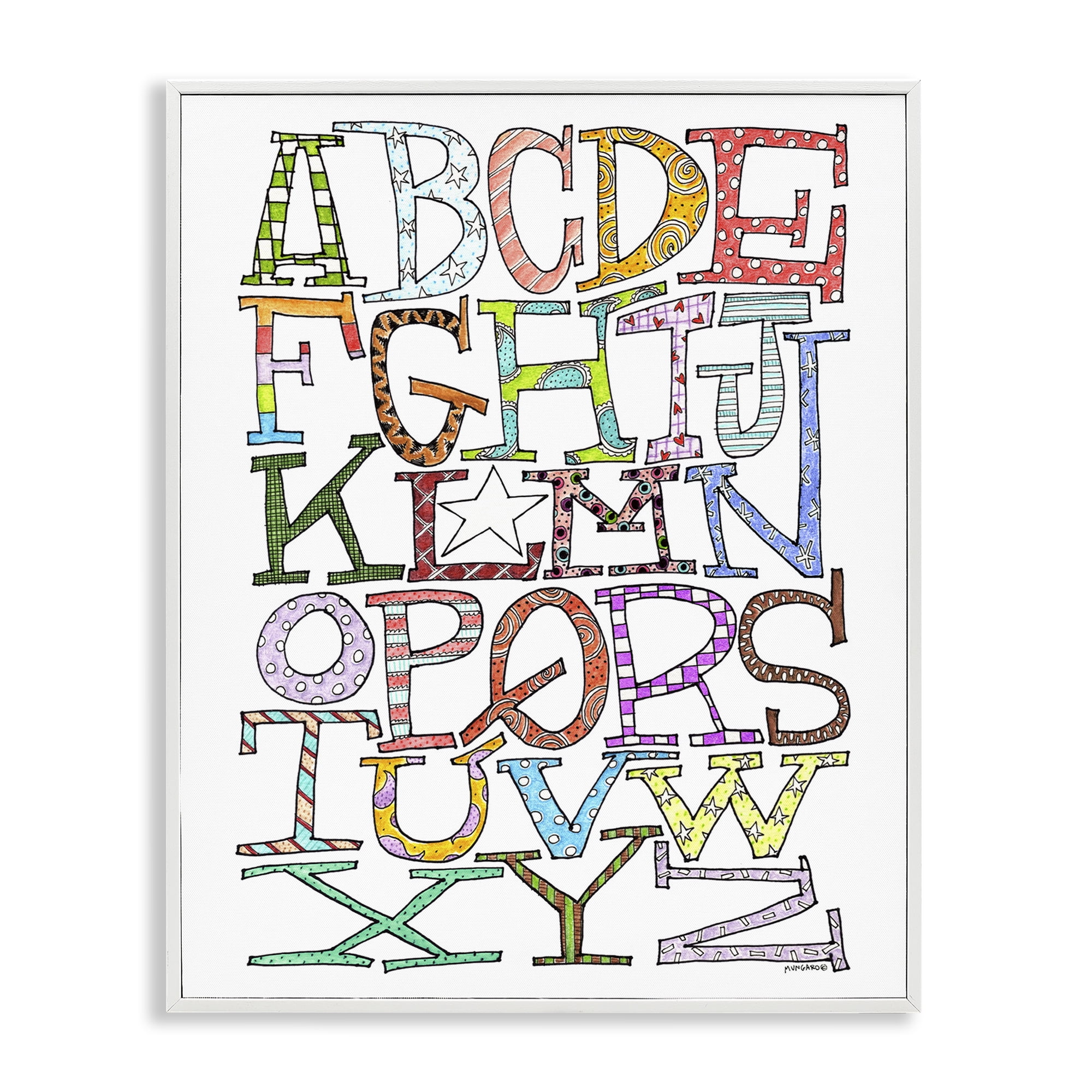 Stupell Industries Whimsical Patterned Letters Novelty Painting White Framed Art Print Wall Art, 16 x 20