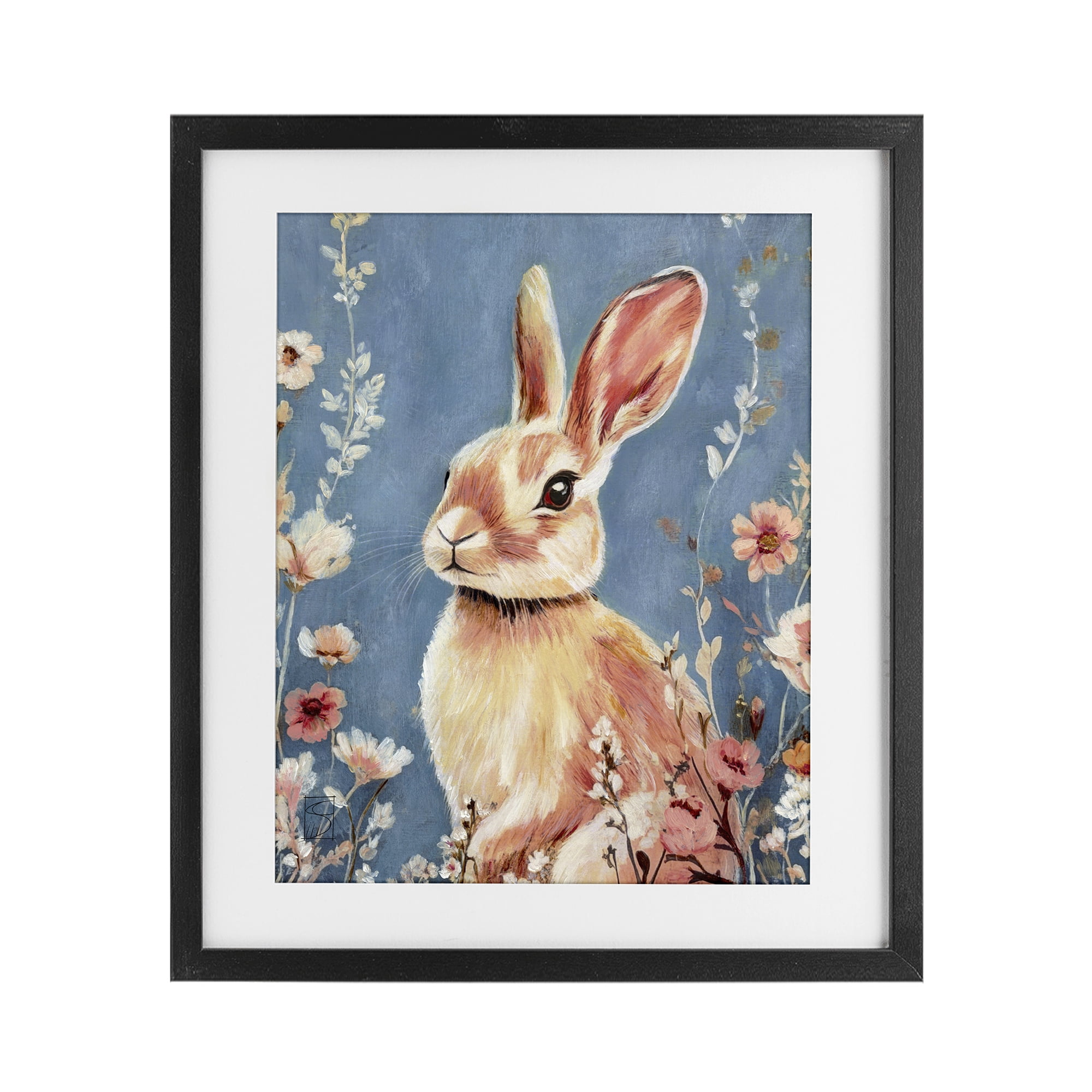 Stupell Industries Whimsical Rabbit on Blue Black Framed Print Under Glass, design by Sara Culpepper