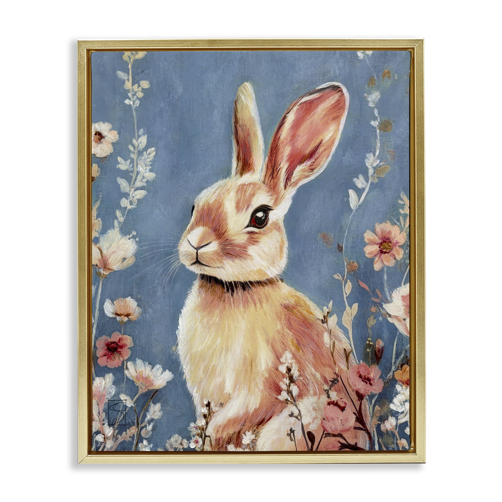 Stupell Industries Whimsical Rabbit on Blue Gold Framed Floater Canvas Wall Art, design by Sara Culpepper