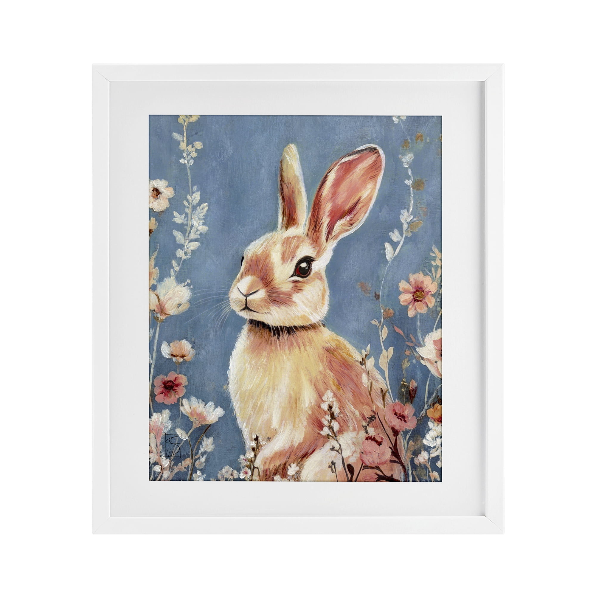 Stupell Industries Whimsical Rabbit on Blue White Framed Print Under Glass, design by Sara Culpepper