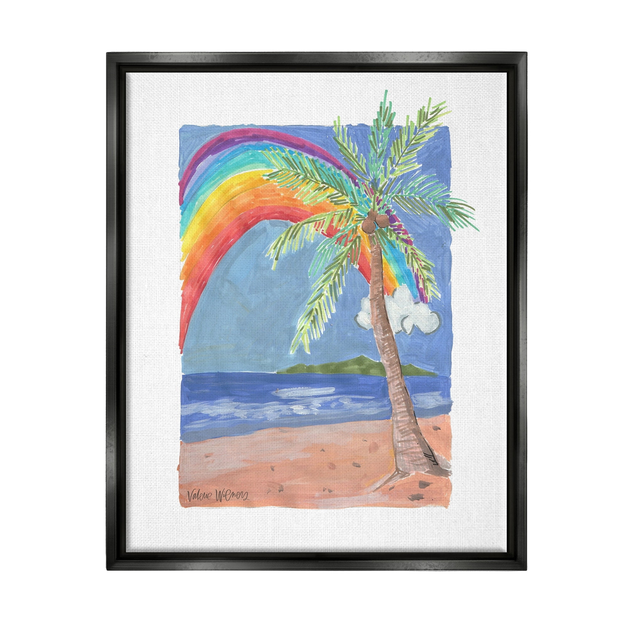 Stupell Industries Whimsical Rainbow Over Beach Tropical Palm Tree Painting Jet Black Floating Framed Canvas Print Wall Art, Design by Valerie Wieners