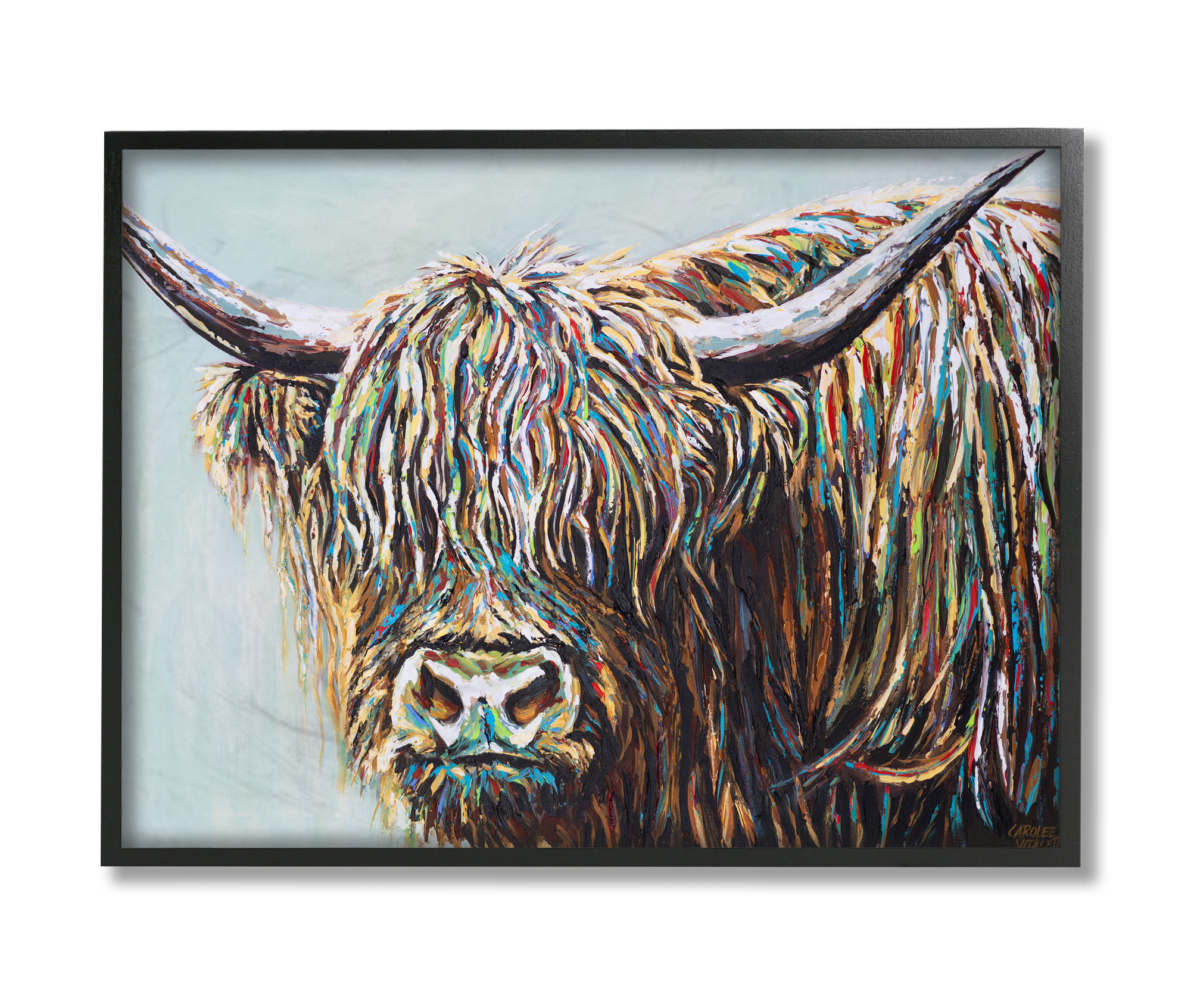 Stupell Industries Whimsical Rainbow Hair Woolly Highland Cattle Portrait Black Framed, 24 x 30, Design by Carolee Vitaletti