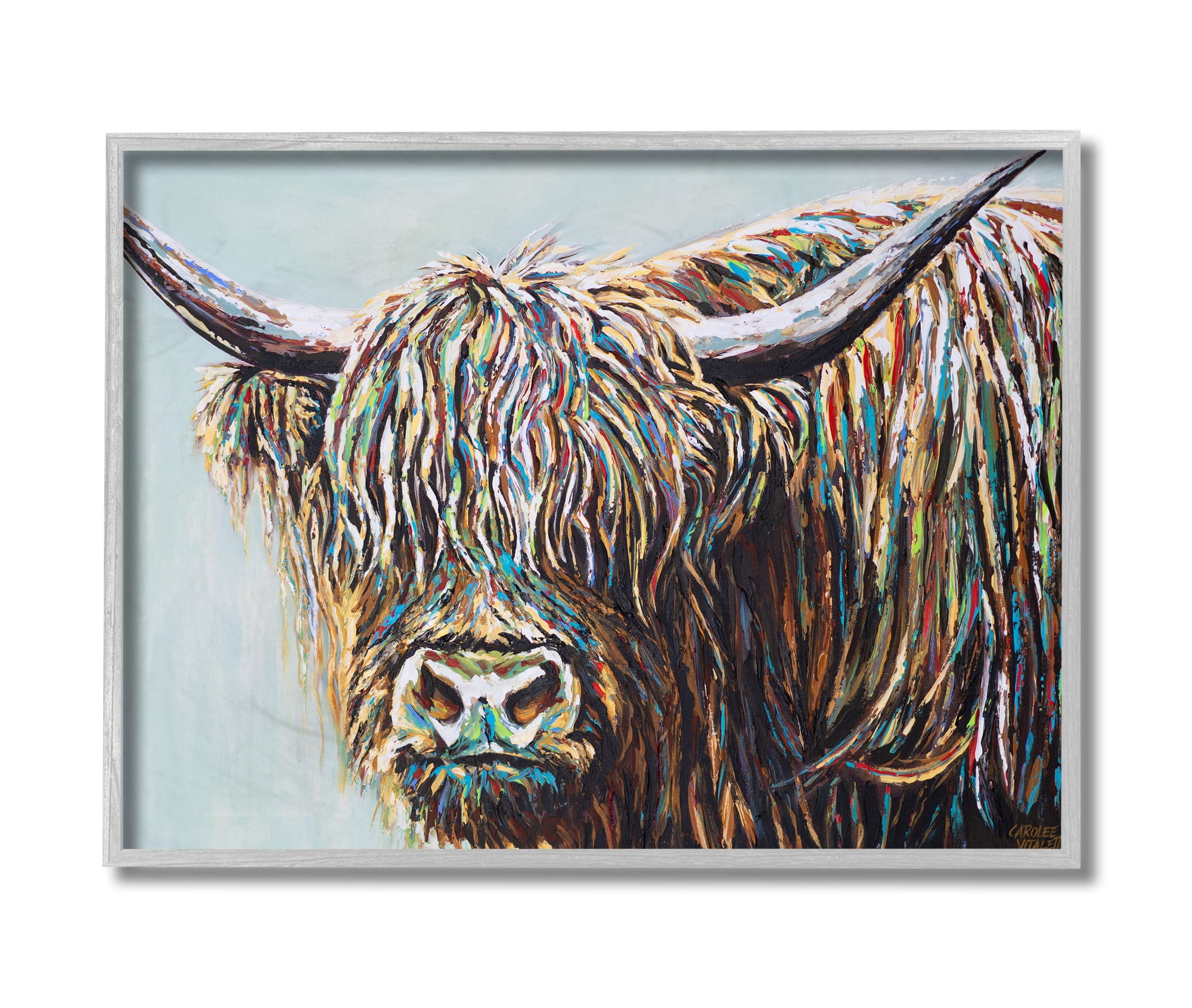 Stupell Industries Whimsical Rainbow Hair Woolly Highland Cattle Portrait Grey Framed, 16 x 20, Design by Carolee Vitaletti