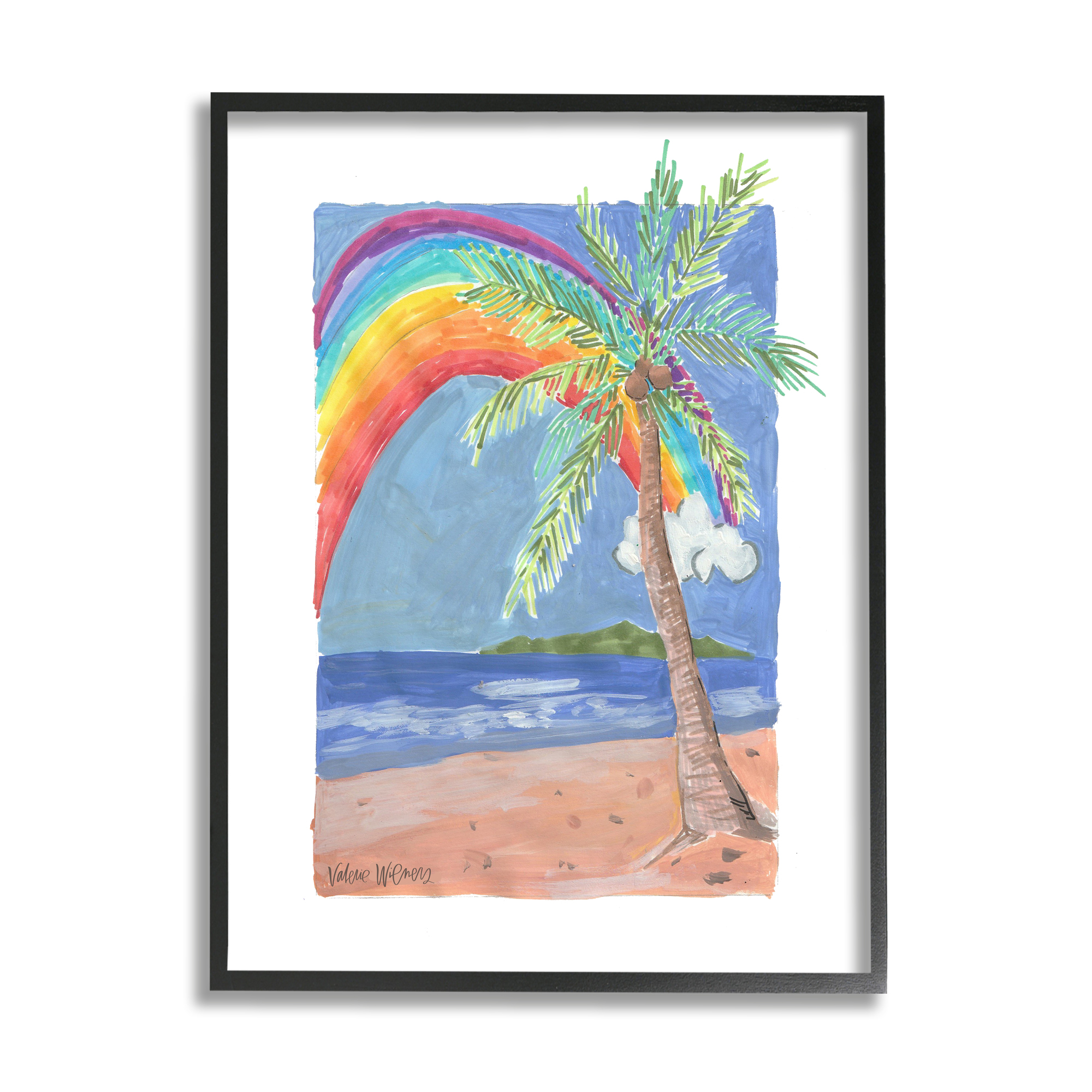 Stupell Industries Whimsical Rainbow Over Beach Tropical Palm Tree Painting Black Framed Art Print Wall Art, Design by Valerie Wieners