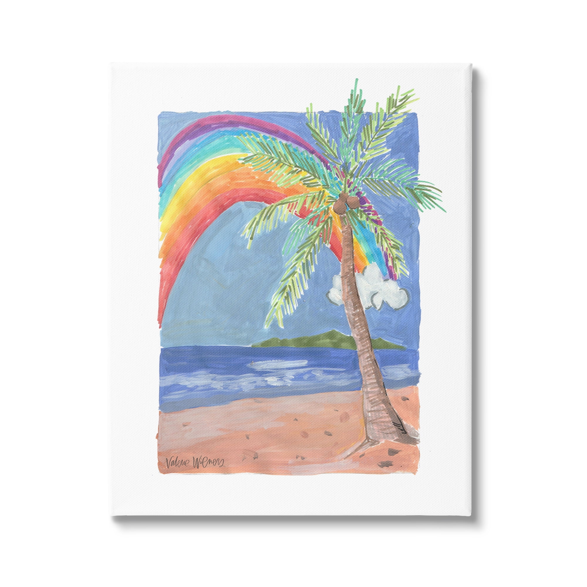 Stupell Industries Whimsical Rainbow Over Beach Tropical Palm Tree Painting Gallery Wrapped Canvas Print Wall Art, Design by Valerie Wieners