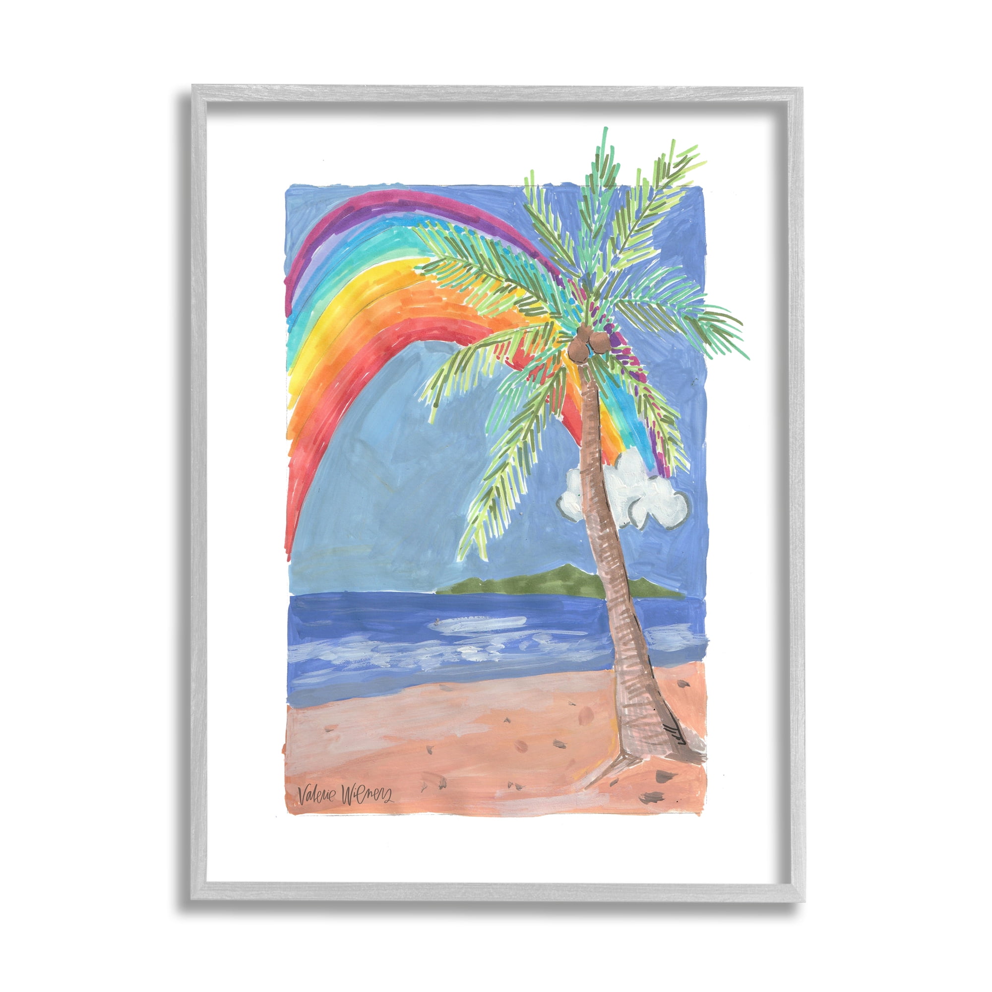 Stupell Industries Whimsical Rainbow Over Beach Tropical Palm Tree Painting Gray Framed Art Print Wall Art, Design by Valerie Wieners