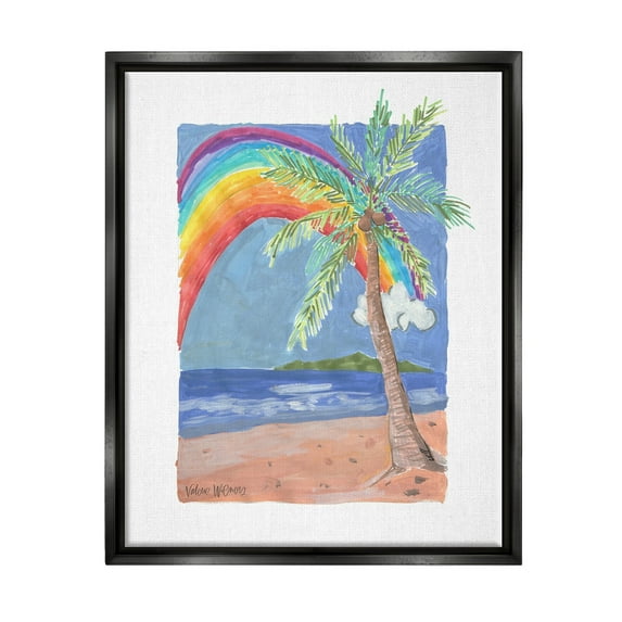 Stupell Industries Whimsical Rainbow Over Beach Tropical Palm Tree Painting Jet Black Floating Framed Canvas Print Wall Art, Design by Valerie Wieners